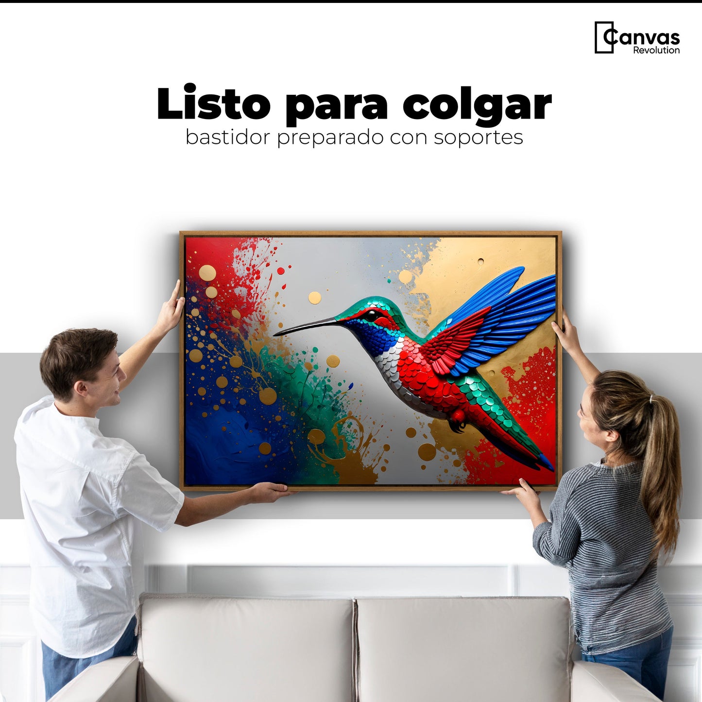 Cuadros Decorativos Canvas Revolution | Colibri Rocio Oro | Colgar