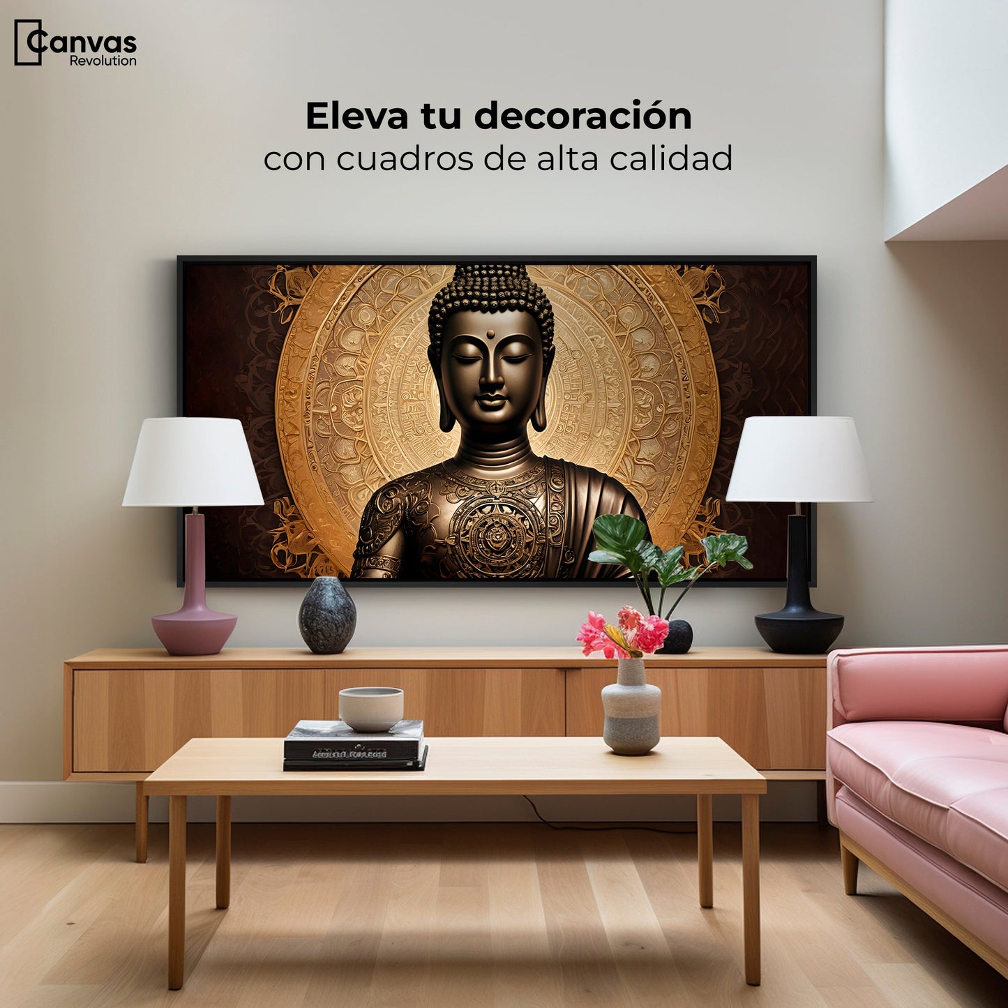 Cuadros Decorativos Canvas Revolution | Buda Astral Dorado | Montaje2