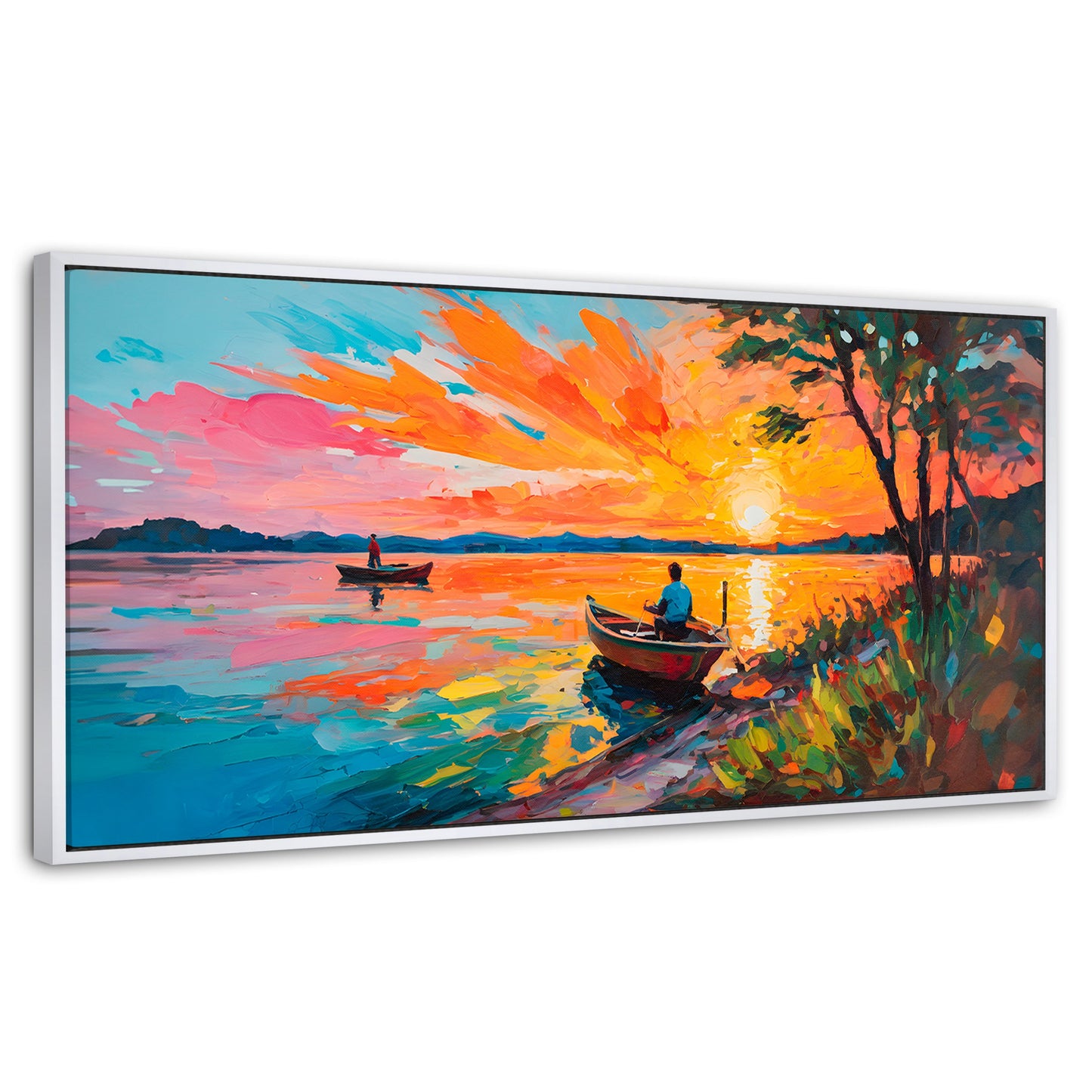 Cuadros Decorativos Canvas Revolution | Atardecer Lago | Panoramico | Portada | Marco Blanco