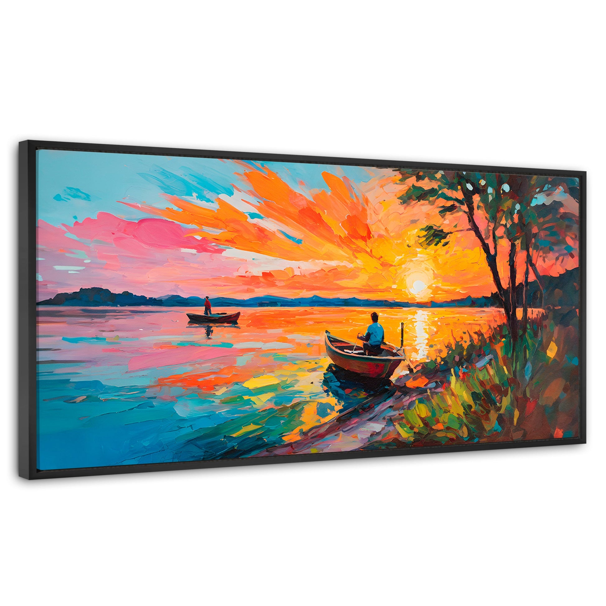 Cuadros Decorativos Canvas Revolution | Atardecer Lago | Panoramico | Portada | Marco Negro