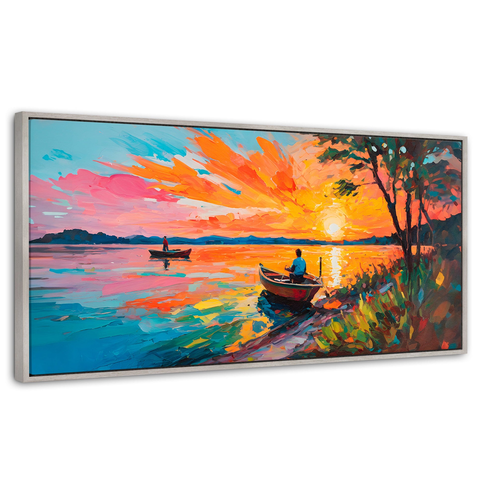 Cuadros Decorativos Canvas Revolution | Atardecer Lago | Panoramico | Portada | Marco Plateado