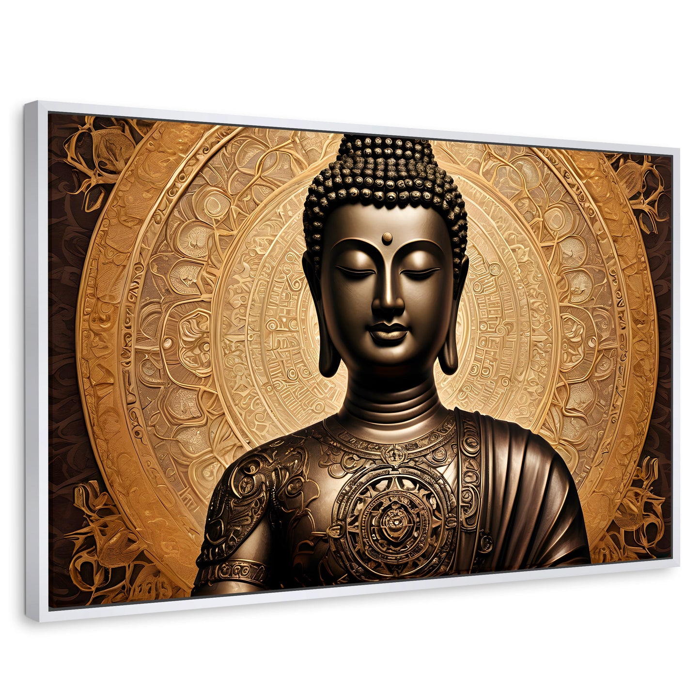 Cuadros Decorativos Canvas Revolution | Buda Astral Dorado | Rectangular | Portada | Marco Blanco