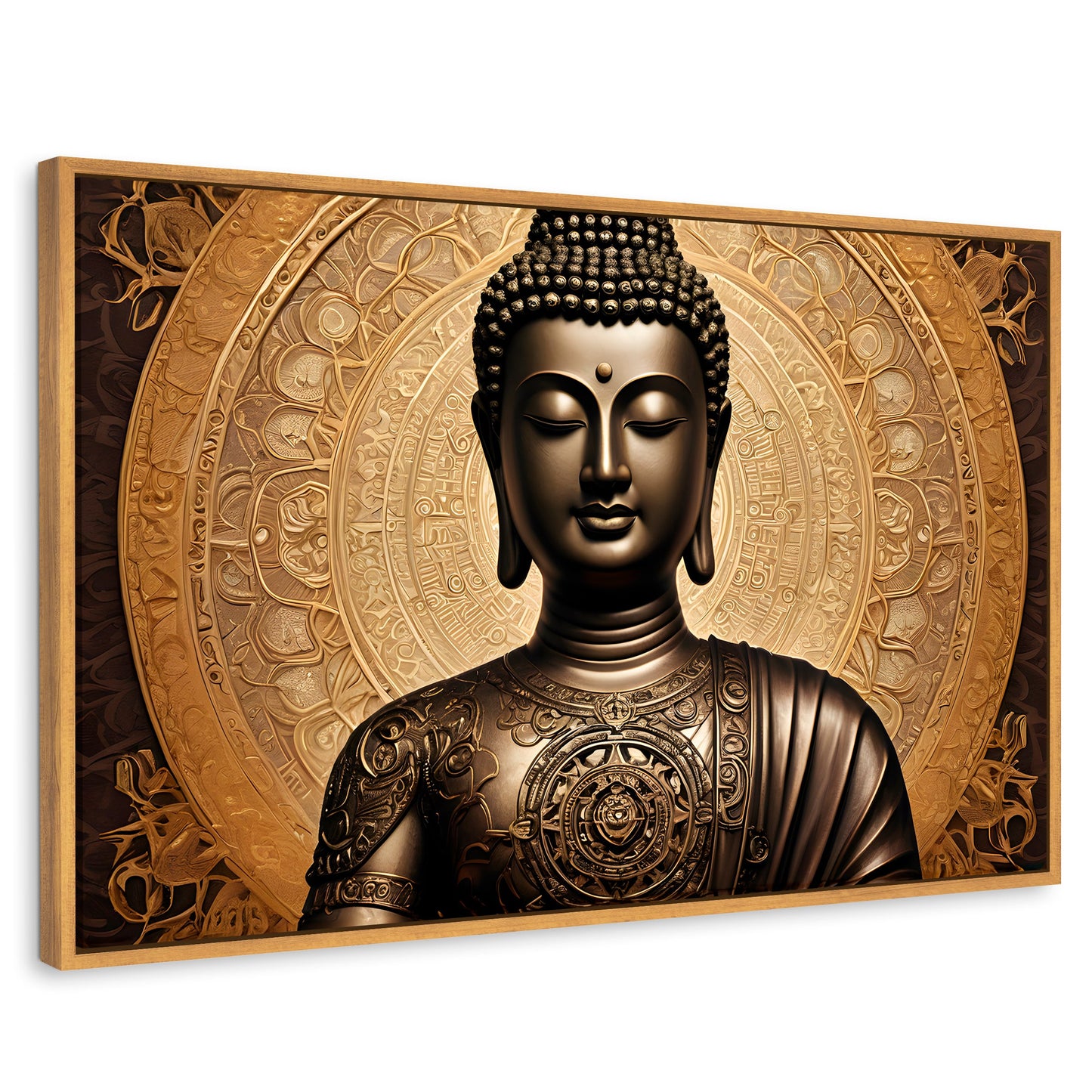 Cuadros Decorativos Canvas Revolution | Buda Astral Dorado | Rectangular | Portada | Marco Madera