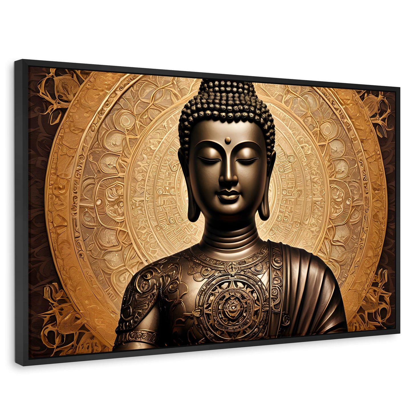 Cuadros Decorativos Canvas Revolution | Buda Astral Dorado | Rectangular | Portada | Marco Negro