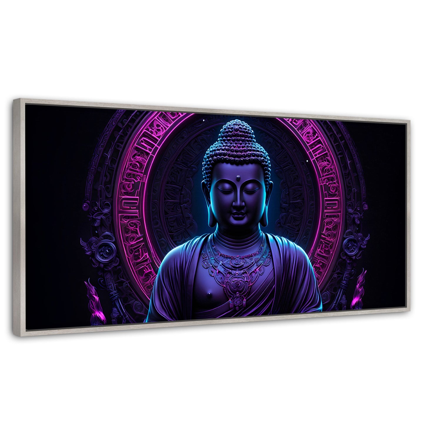 Cuadros Decorativos Canvas Revolution | Buda Neon Luminoso | Panoramico | Portada | Marco Blanco