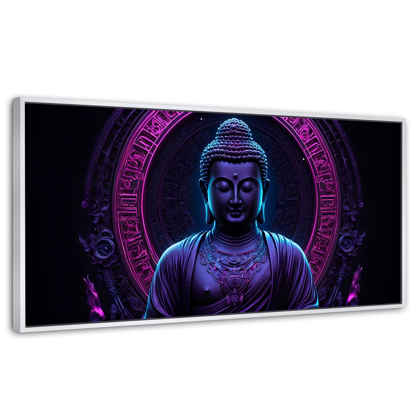 Cuadros Decorativos Canvas Revolution | Buda Neon Luminoso | Panoramico | Portada | Marco Dorado