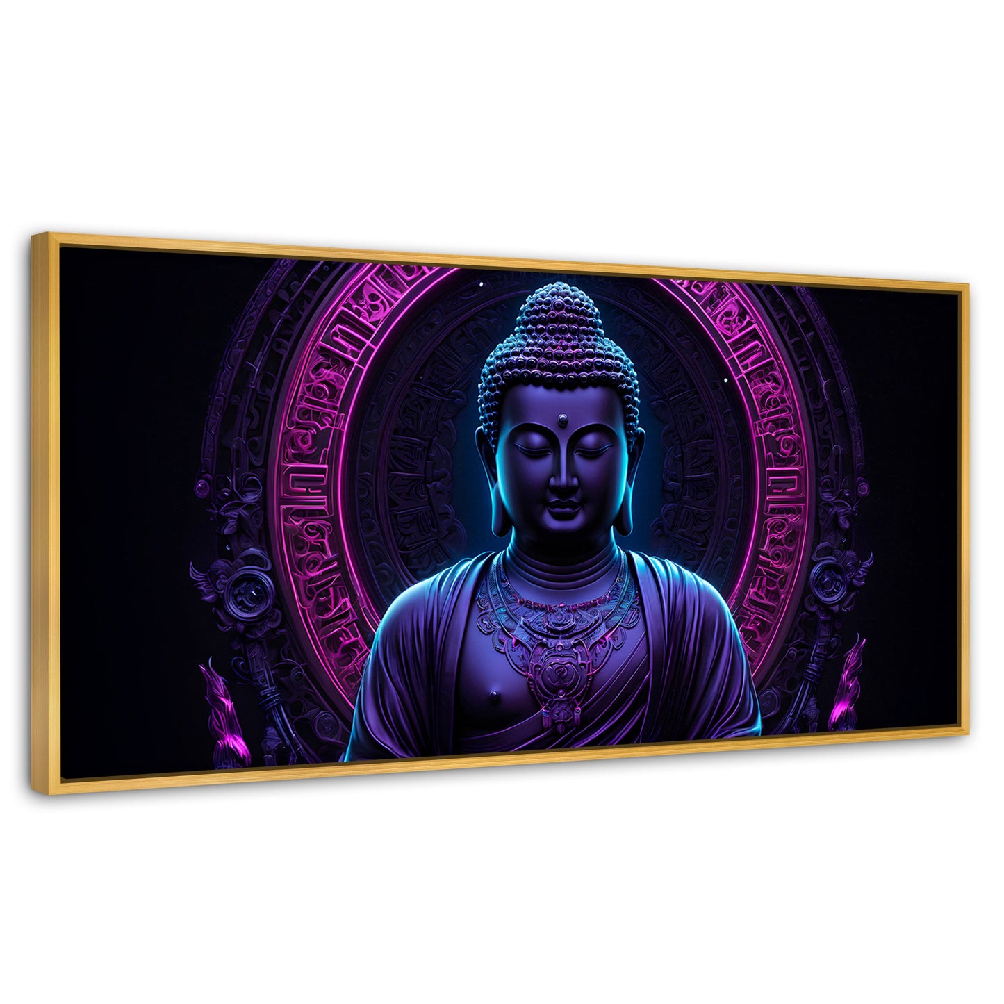 Cuadros Decorativos Canvas Revolution | Buda Neon Luminoso | Panoramico | Portada | Marco Madera