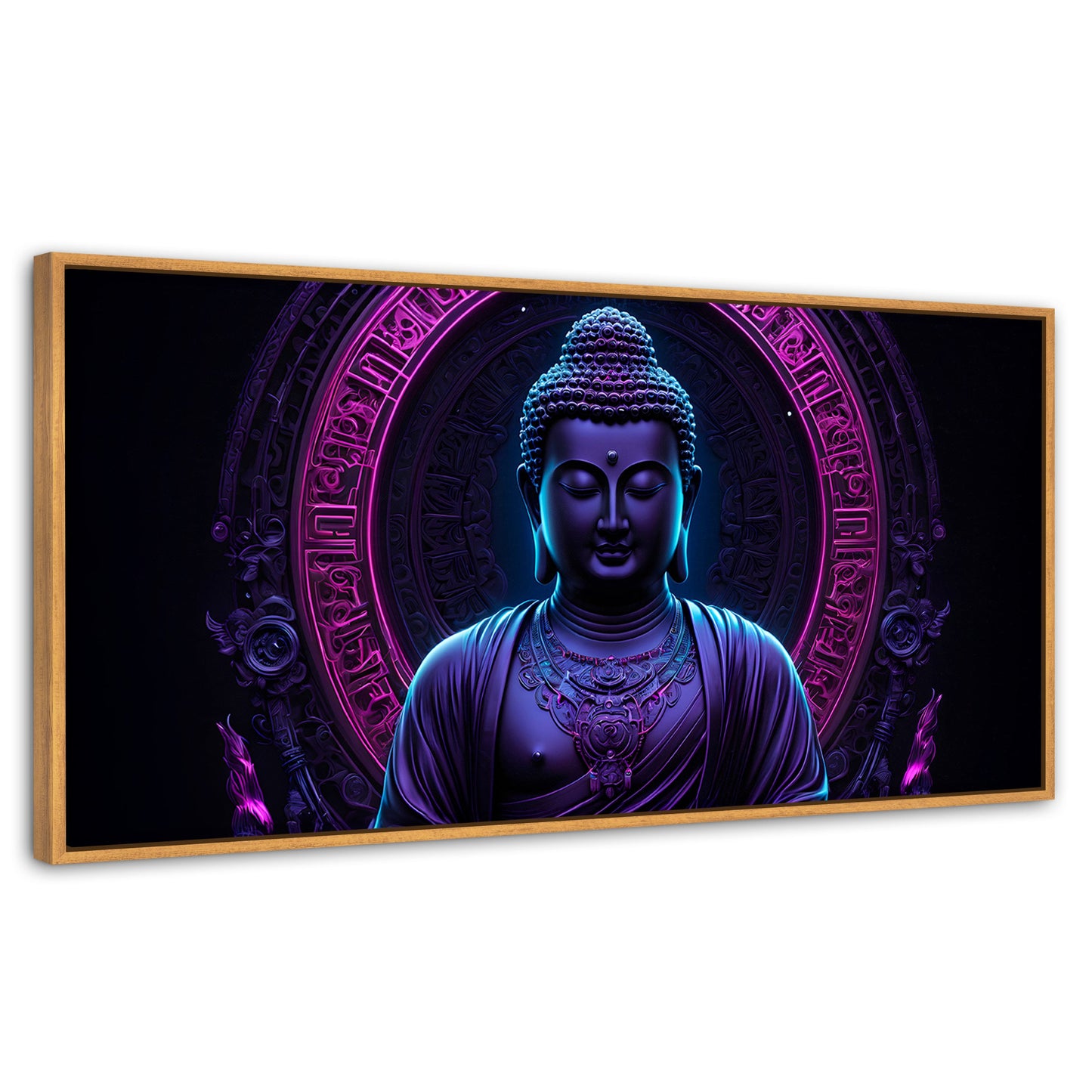 Cuadros Decorativos Canvas Revolution | Buda Neon Luminoso | Panoramico | Portada | Marco Negro