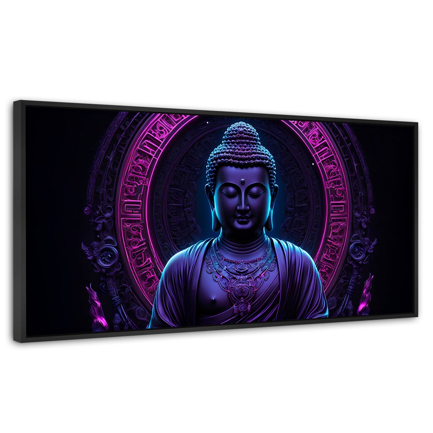 Cuadros Decorativos Canvas Revolution | Buda Neon Luminoso | Panoramico | Portada | Marco Plateado
