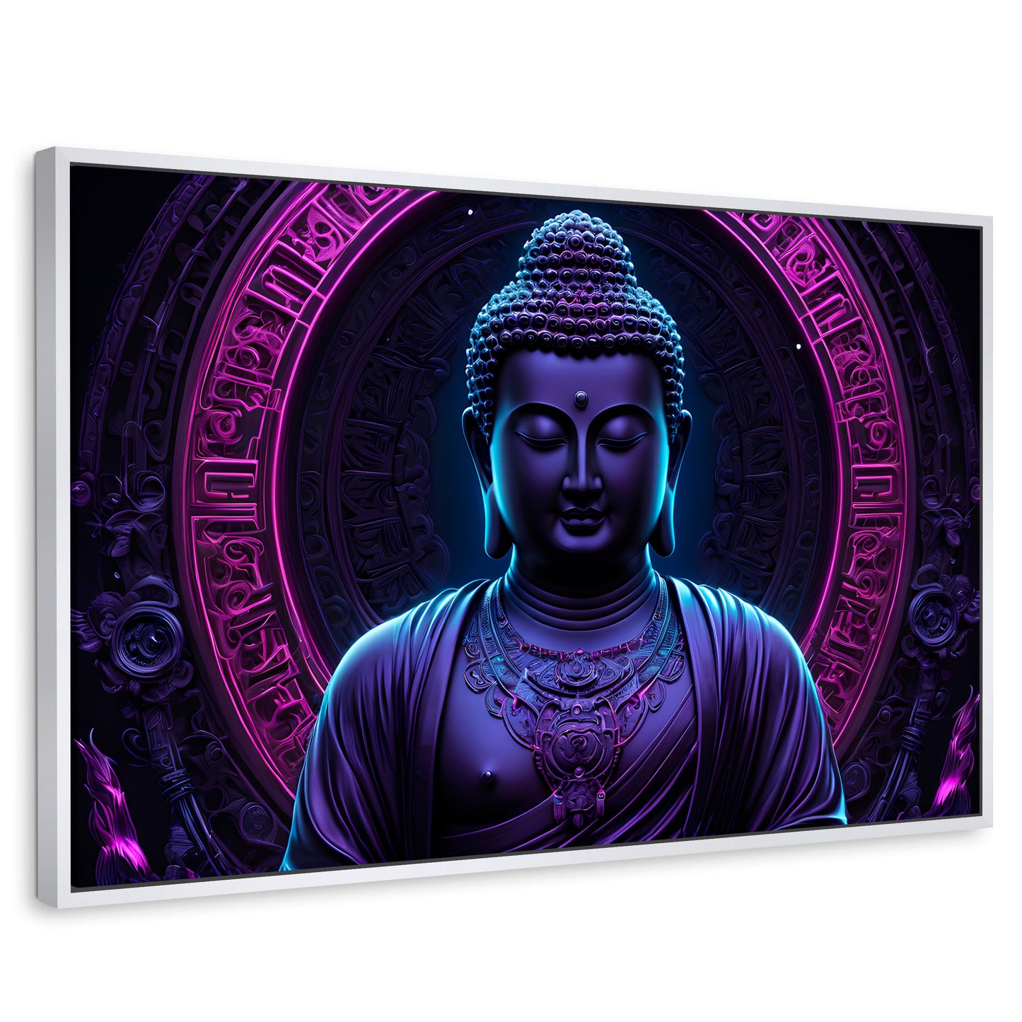 Cuadros Decorativos Canvas Revolution | Buda Neon Luminoso | Rectangular | Portada | Marco Blanco