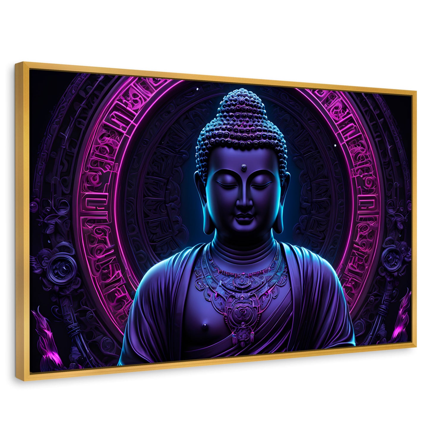 Cuadros Decorativos Canvas Revolution | Buda Neon Luminoso | Rectangular | Portada | Marco Dorado