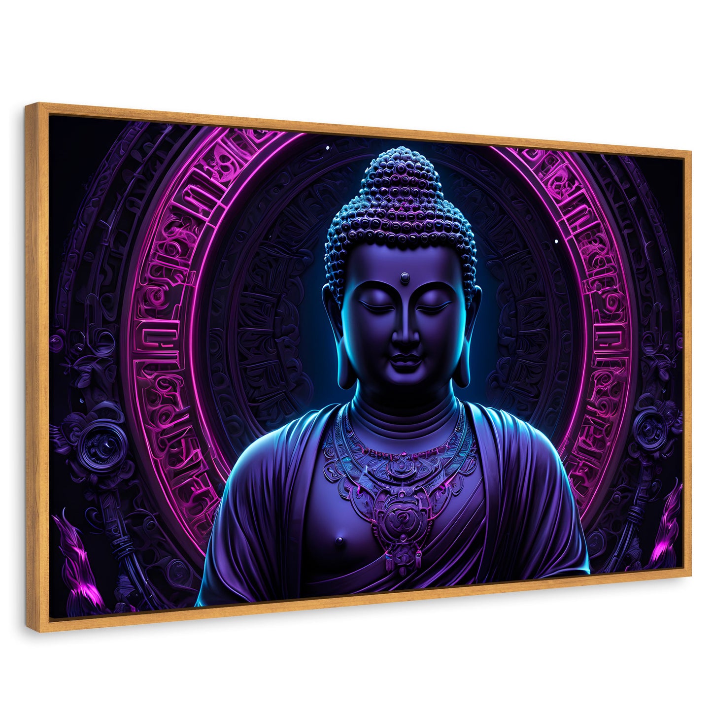Cuadros Decorativos Canvas Revolution | Buda Neon Luminoso | Rectangular | Portada | Marco Madera