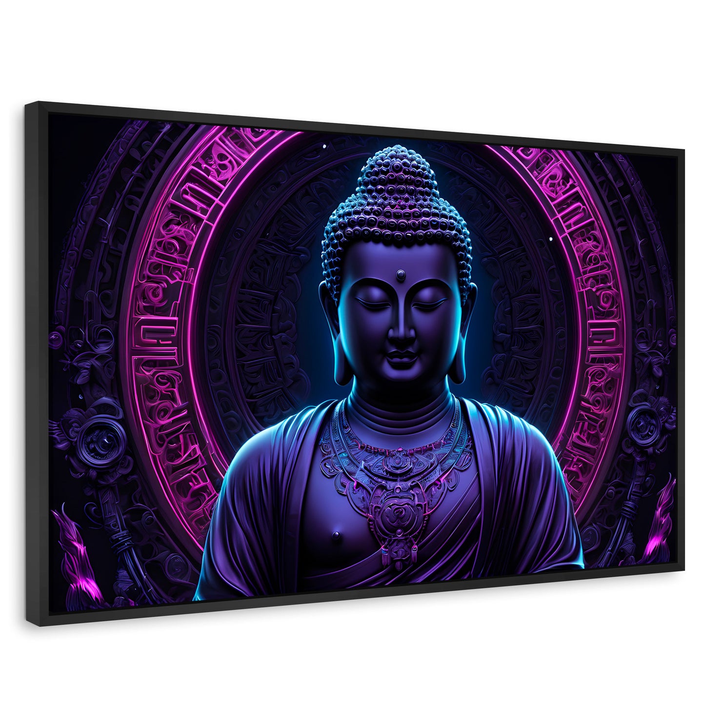Cuadros Decorativos Canvas Revolution | Buda Neon Luminoso | Rectangular | Portada | Marco Negro