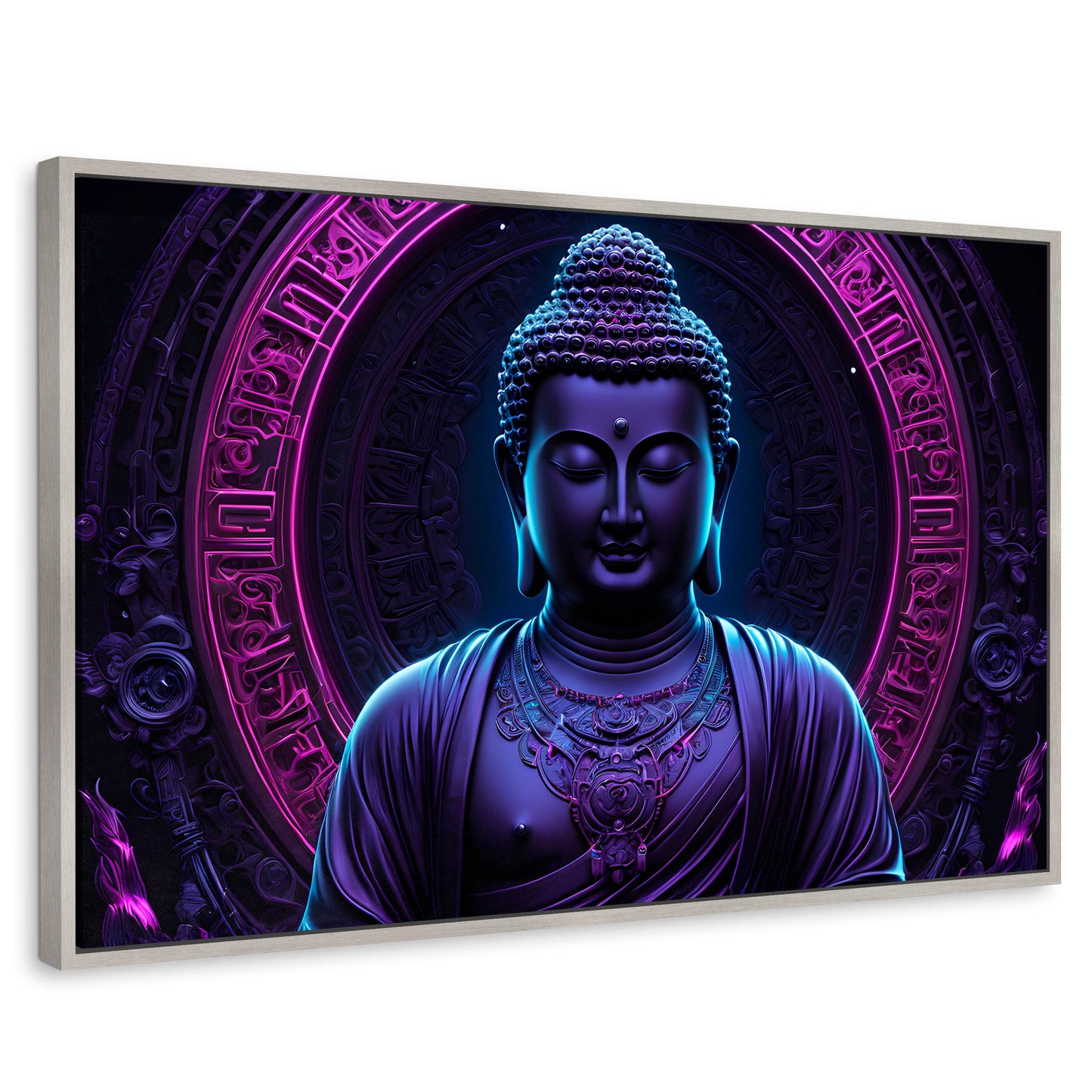 Cuadros Decorativos Canvas Revolution | Buda Neon Luminoso | Rectangular | Portada | Marco Plateado