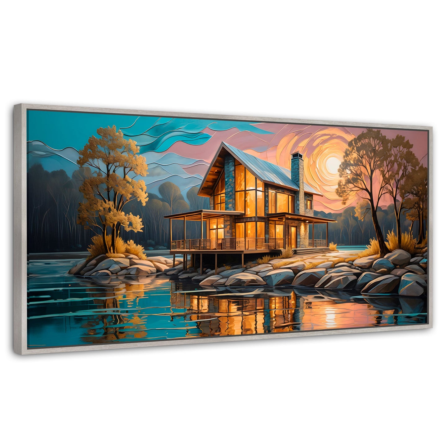 Cuadros Decorativos Canvas Revolution | Cabana Junto Lago | Panoramico | Portada | Marco Blanco