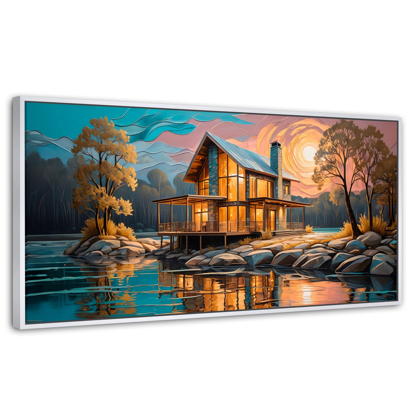Cuadros Decorativos Canvas Revolution | Cabana Junto Lago | Panoramico | Portada | Marco Dorado