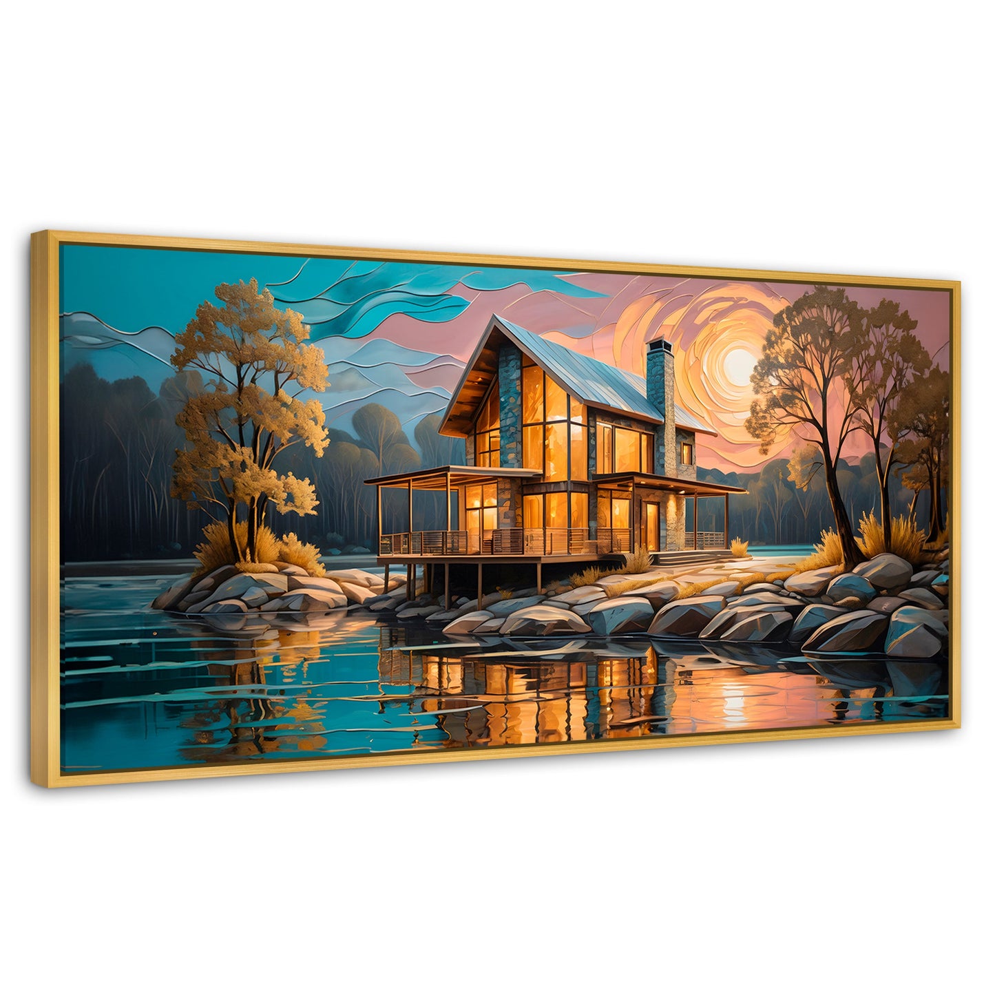 Cuadros Decorativos Canvas Revolution | Cabana Junto Lago | Panoramico | Portada | Marco Madera