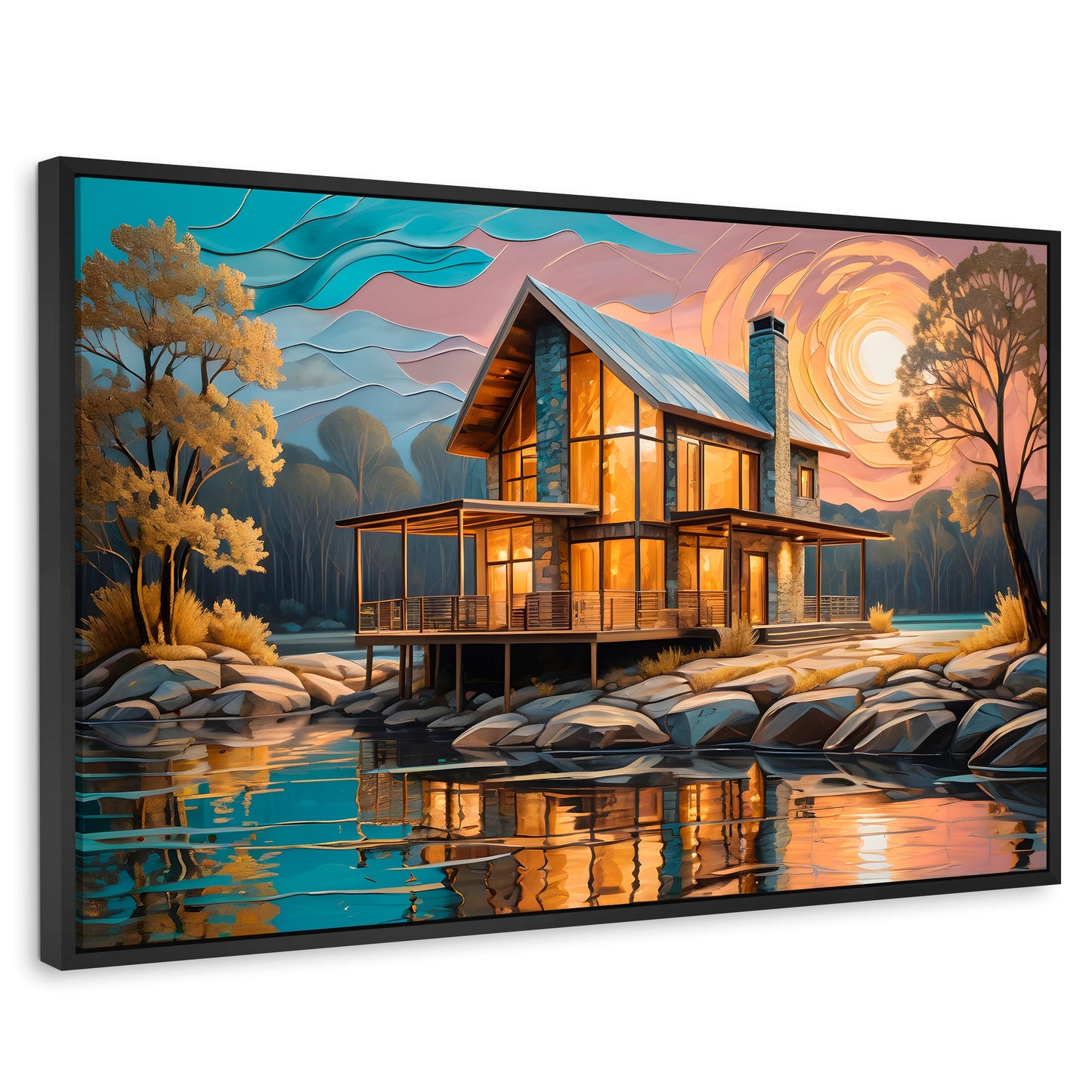 Cuadros Decorativos Canvas Revolution | Cabana Junto Lago | Rectangular | Portada | Marco Negro