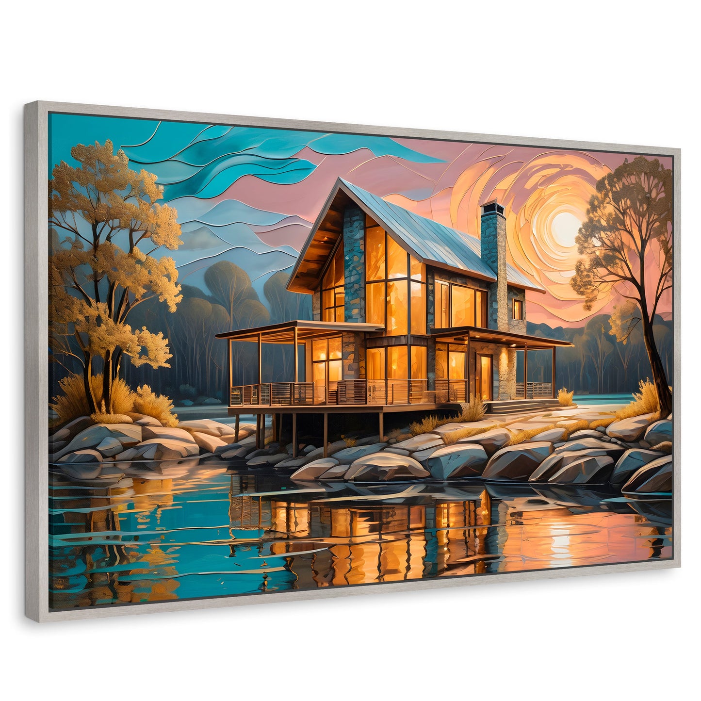 Cuadros Decorativos Canvas Revolution | Cabana Junto Lago | Rectangular | Portada | Marco Plateado