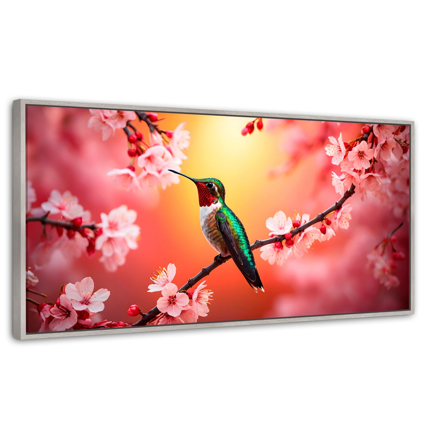 Cuadros Decorativos Canvas Revolution | Colibri En Cerezo | Panoramico | Portada | Marco Blanco