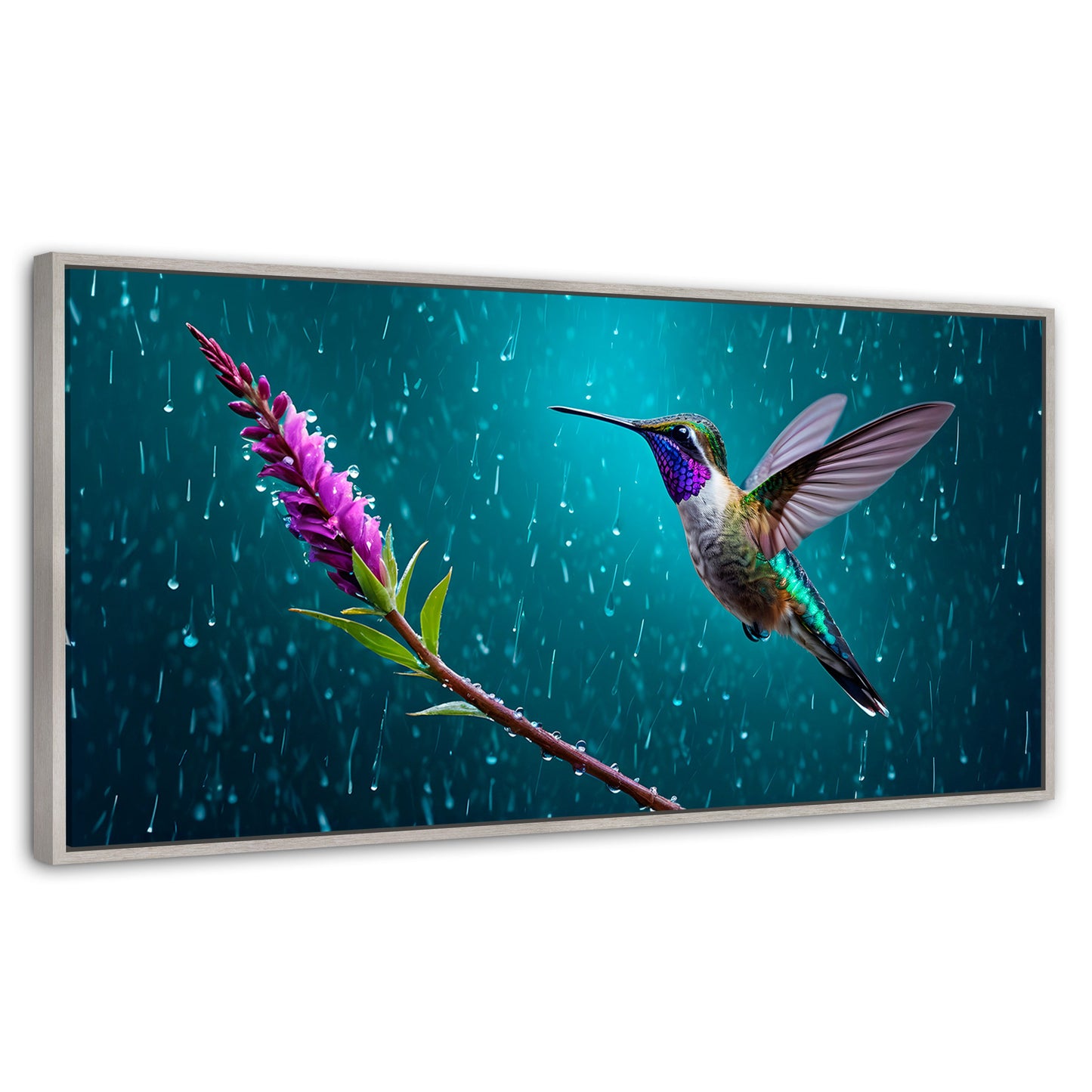 Cuadros Decorativos Canvas Revolution | Colibri Flor Lluvia | Panoramico | Portada | Marco Blanco