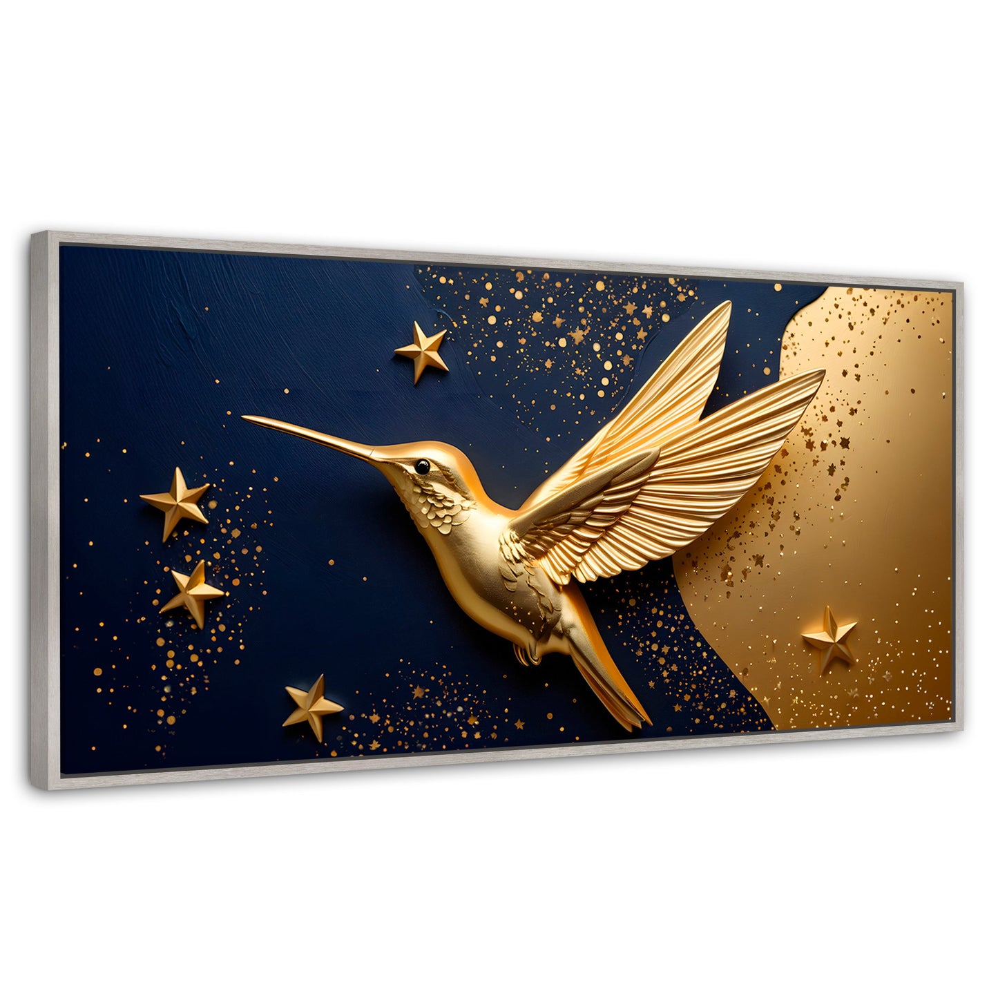 Cuadros Decorativos Canvas Revolution | Colibri Sol Dorado | Panoramico | Portada | Marco Blanco