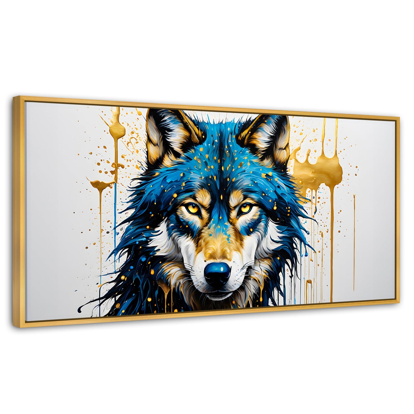 Cuadros Decorativos Canvas Revolution | Lobo Azul Dorado | Panoramico | Portada | Marco Madera