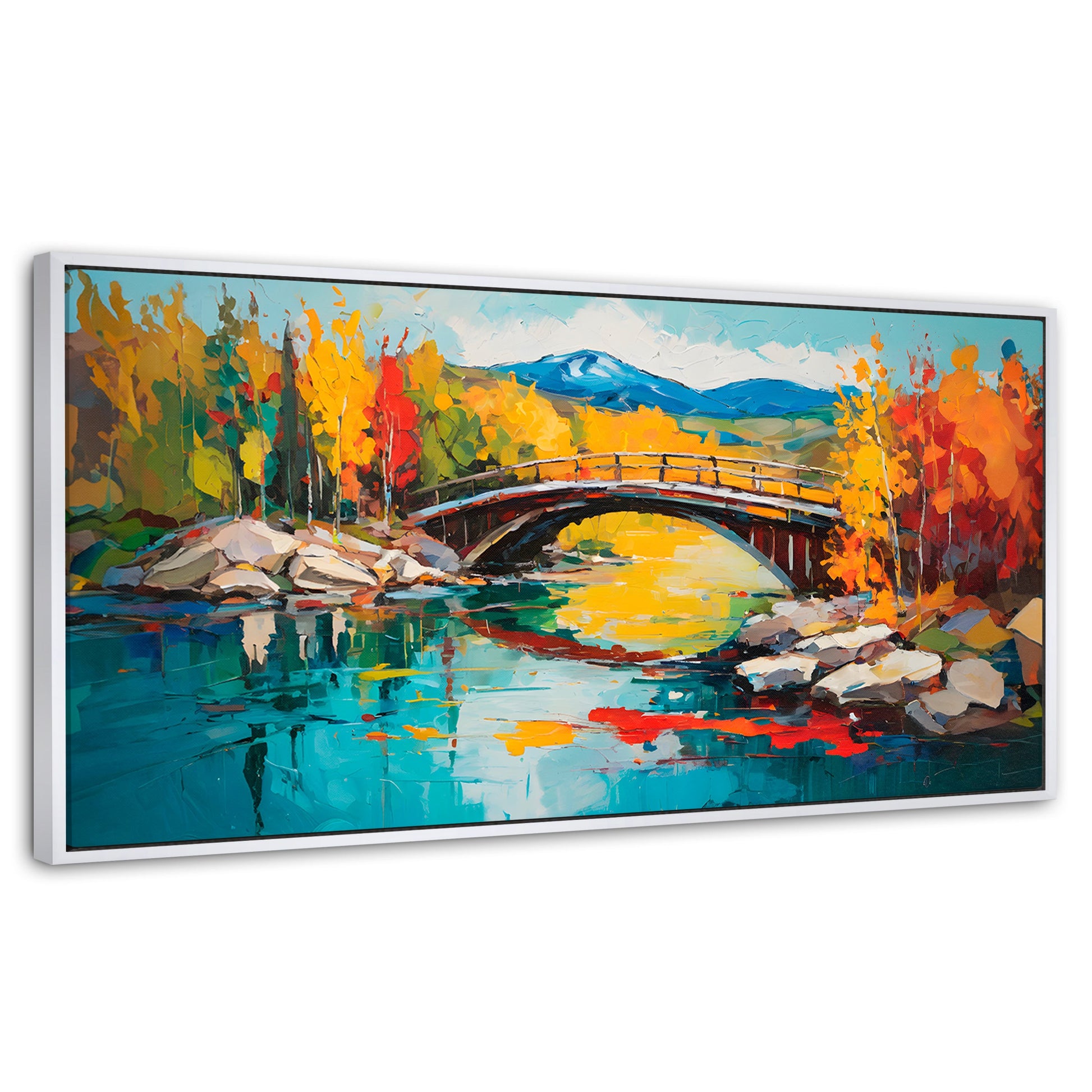 Cuadros Decorativos Canvas Revolution | Puente Otonal Aureo | Panoramico | Portada | Marco Blanco