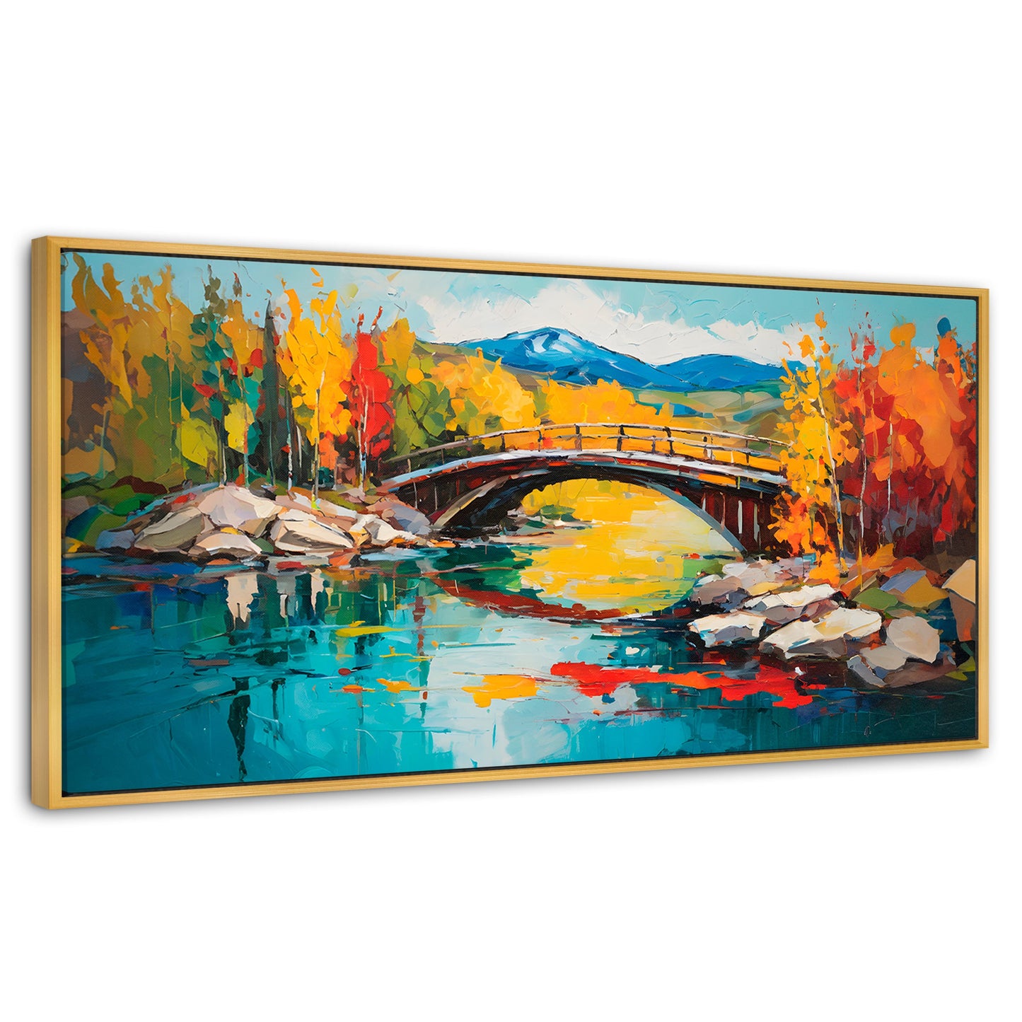 Cuadros Decorativos Canvas Revolution | Puente Otonal Aureo | Panoramico | Portada | Marco Dorado