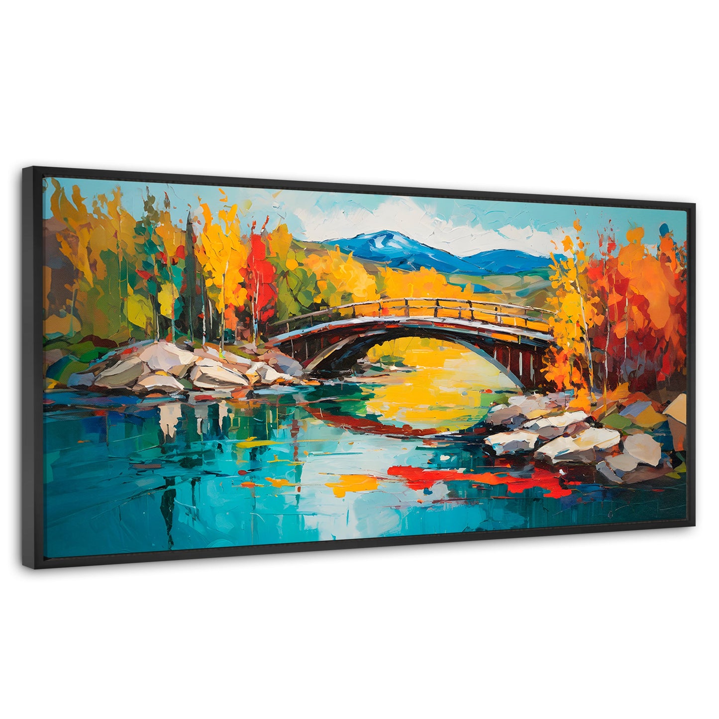 Cuadros Decorativos Canvas Revolution | Puente Otonal Aureo | Panoramico | Portada | Marco Negro