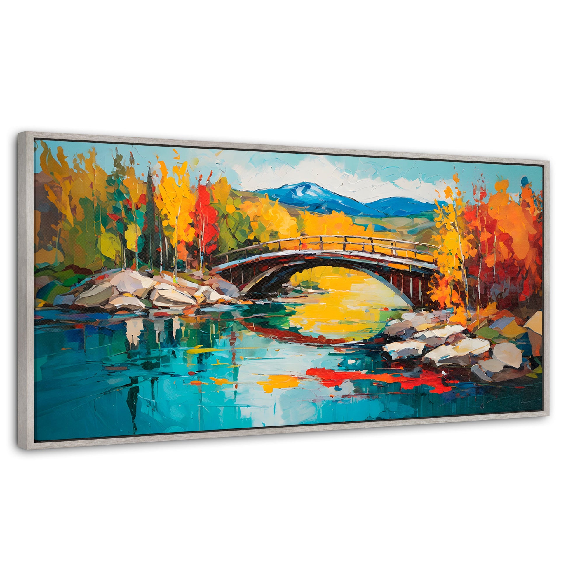 Cuadros Decorativos Canvas Revolution | Puente Otonal Aureo | Panoramico | Portada | Marco Plateado