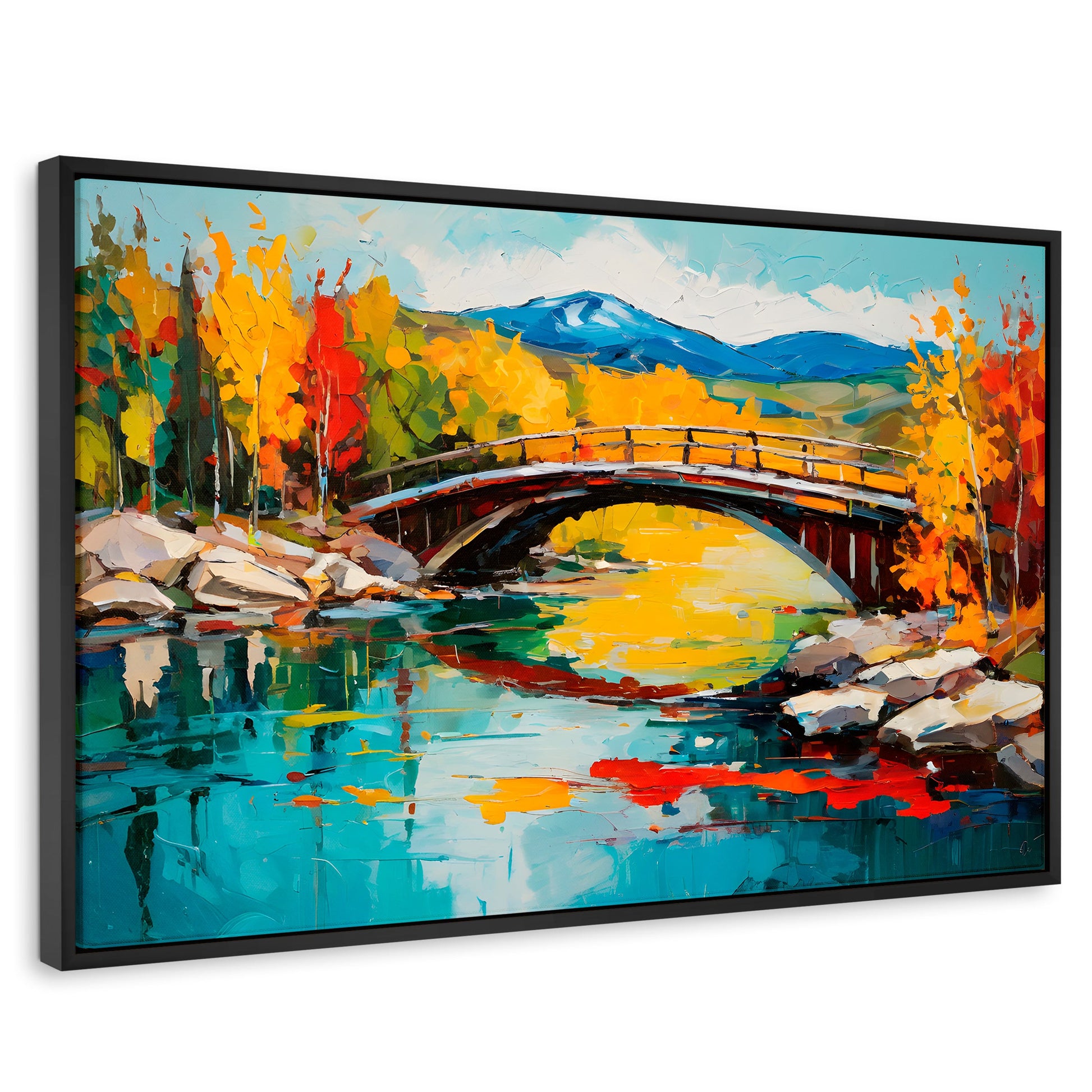 Cuadros Decorativos Canvas Revolution | Puente Otonal Aureo | Rectangular | Portada | Marco Negro