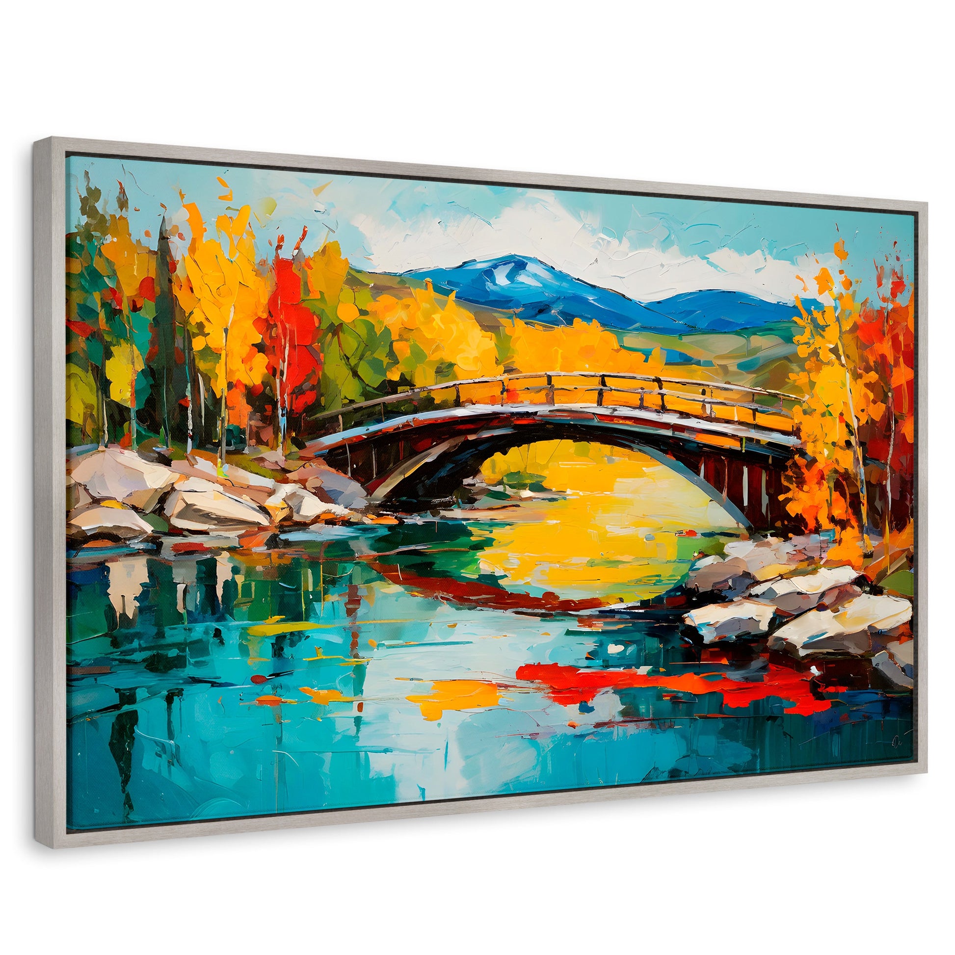 Cuadros Decorativos Canvas Revolution | Puente Otonal Aureo | Rectangular | Portada | Marco Plateado