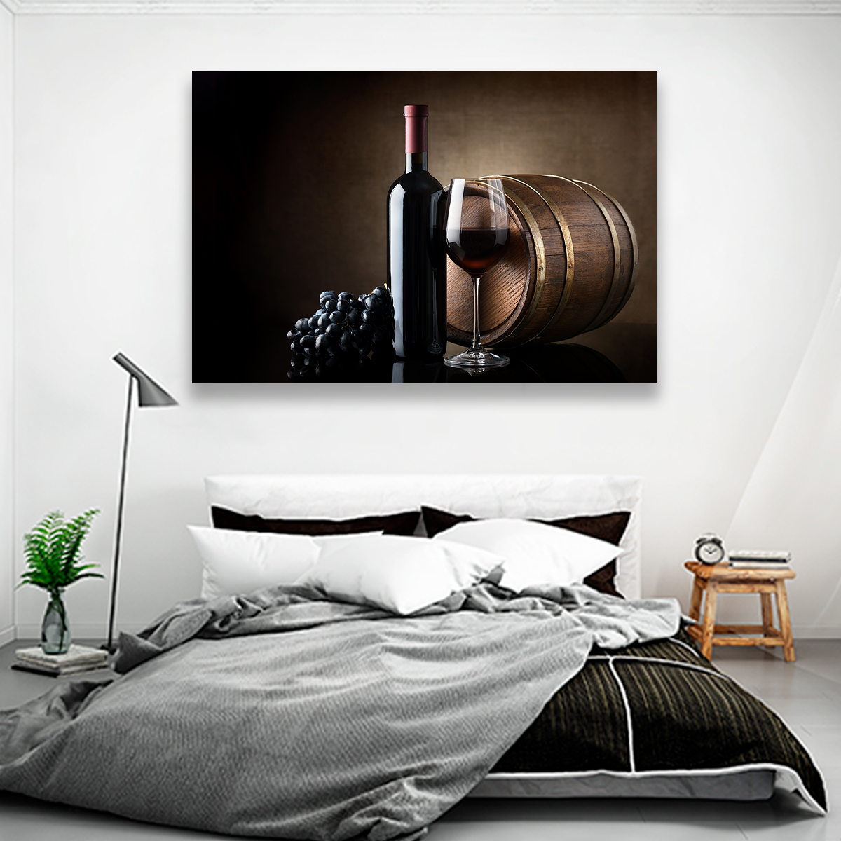 Vino Tinto Uvas Y Barril De Madera