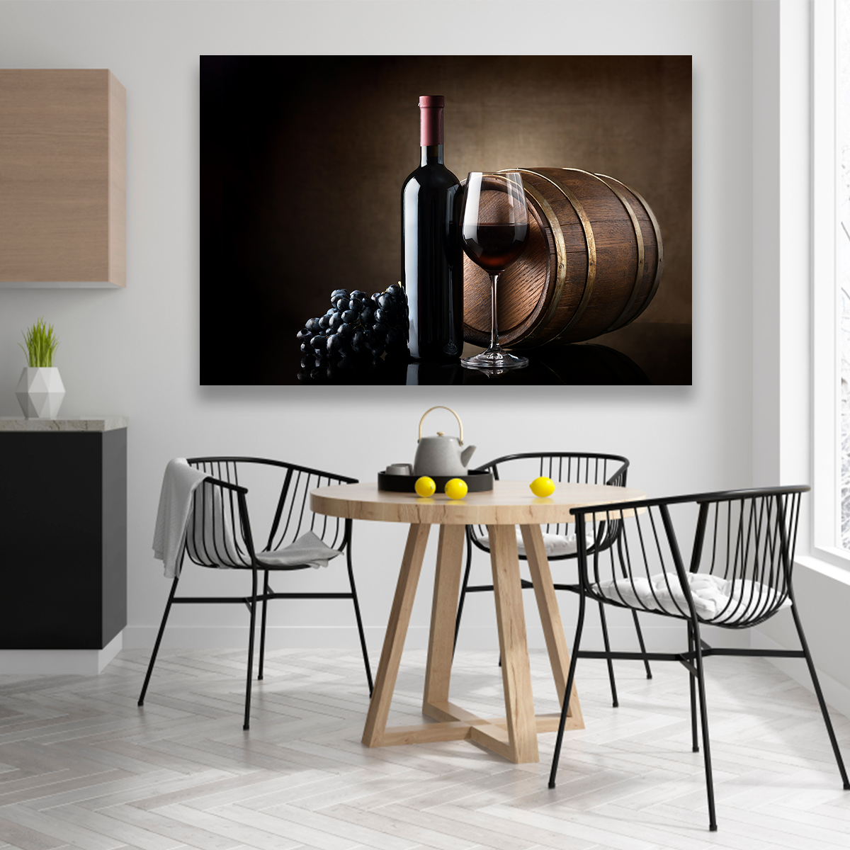 Vino Tinto Uvas Y Barril De Madera
