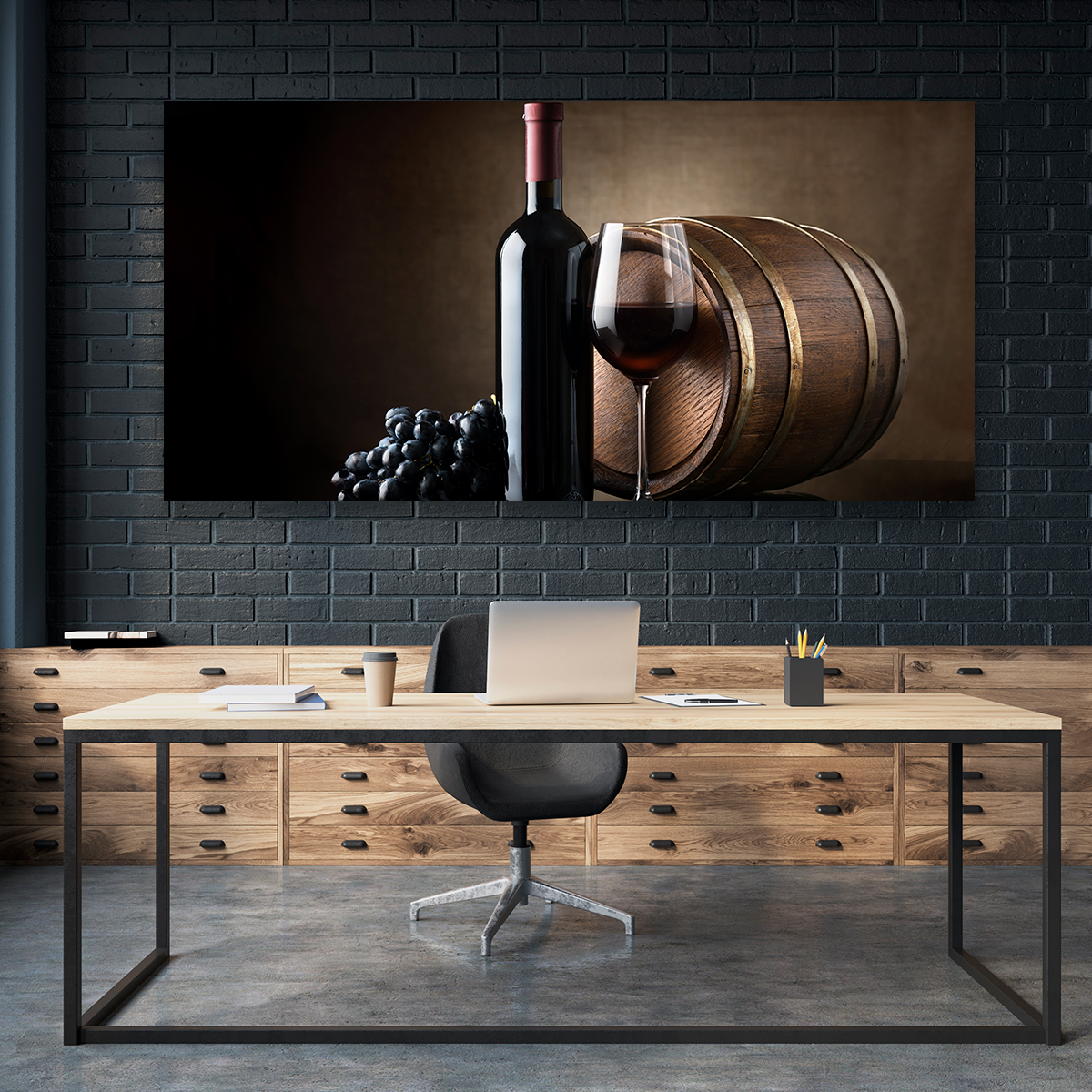 Vino Tinto Uvas Y Barril De Madera