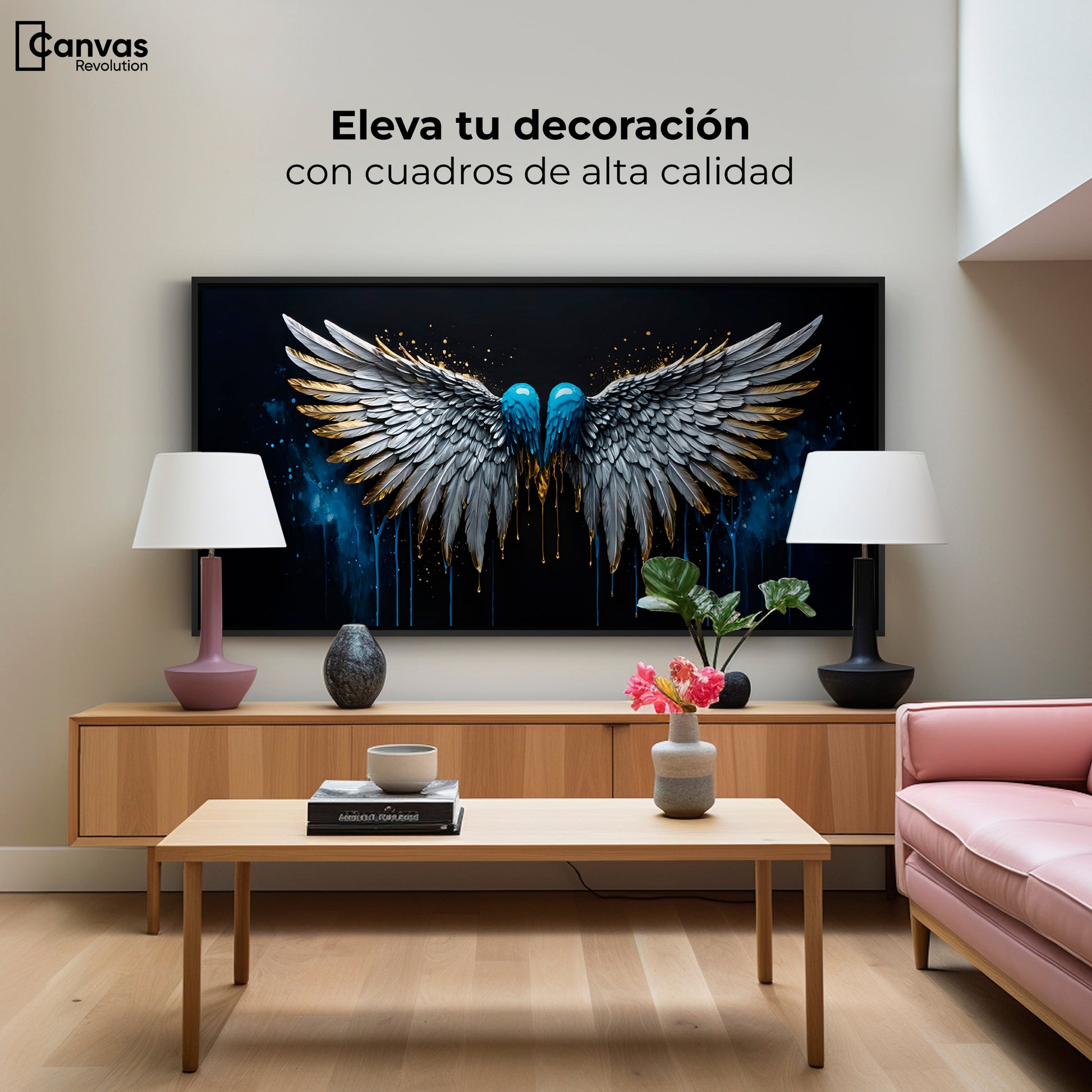 Cuadros Decorativos Canvas Revolution | Alas Azul Plata | Montaje2