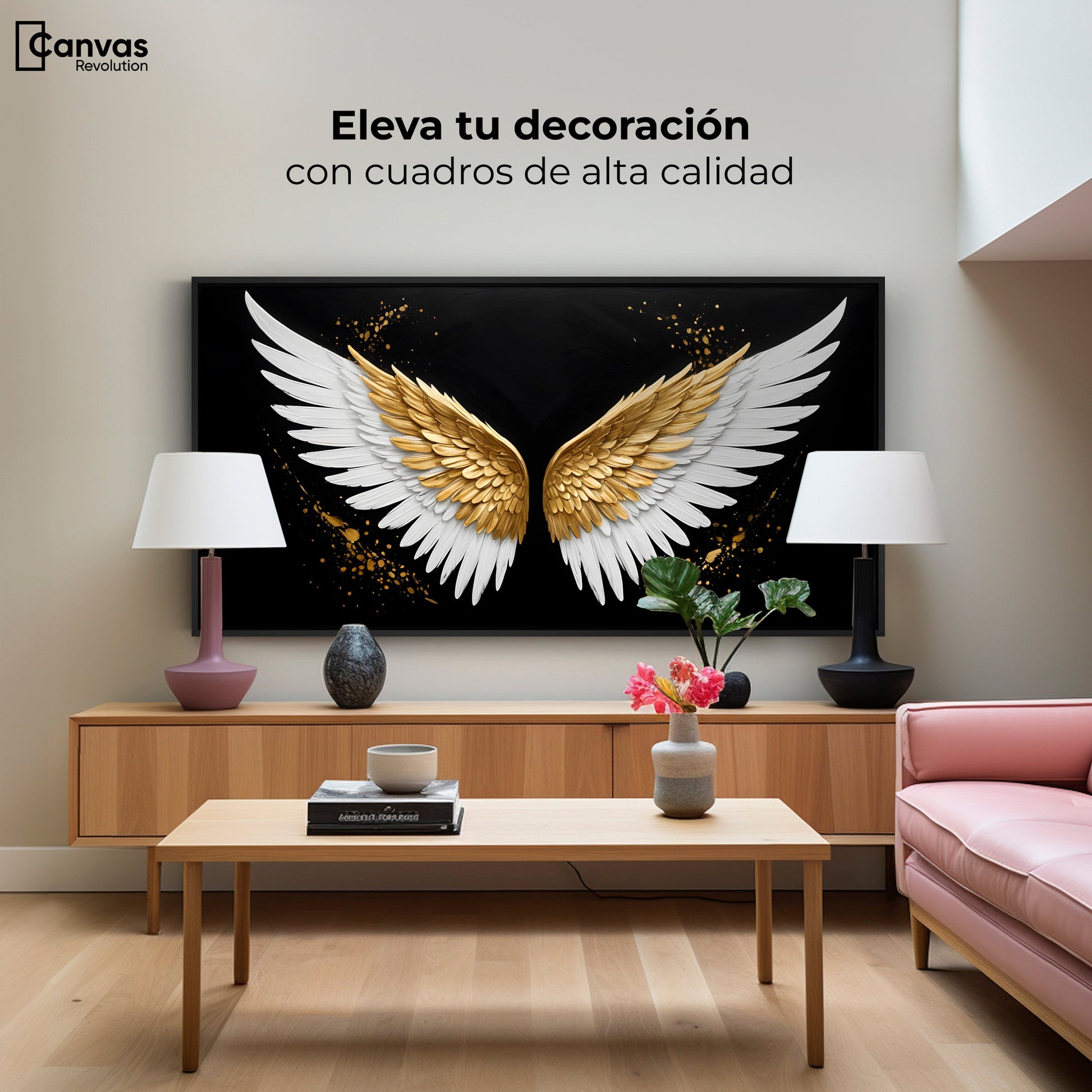 Cuadros Decorativos Canvas Revolution | Alas Oro Negro | Montaje2