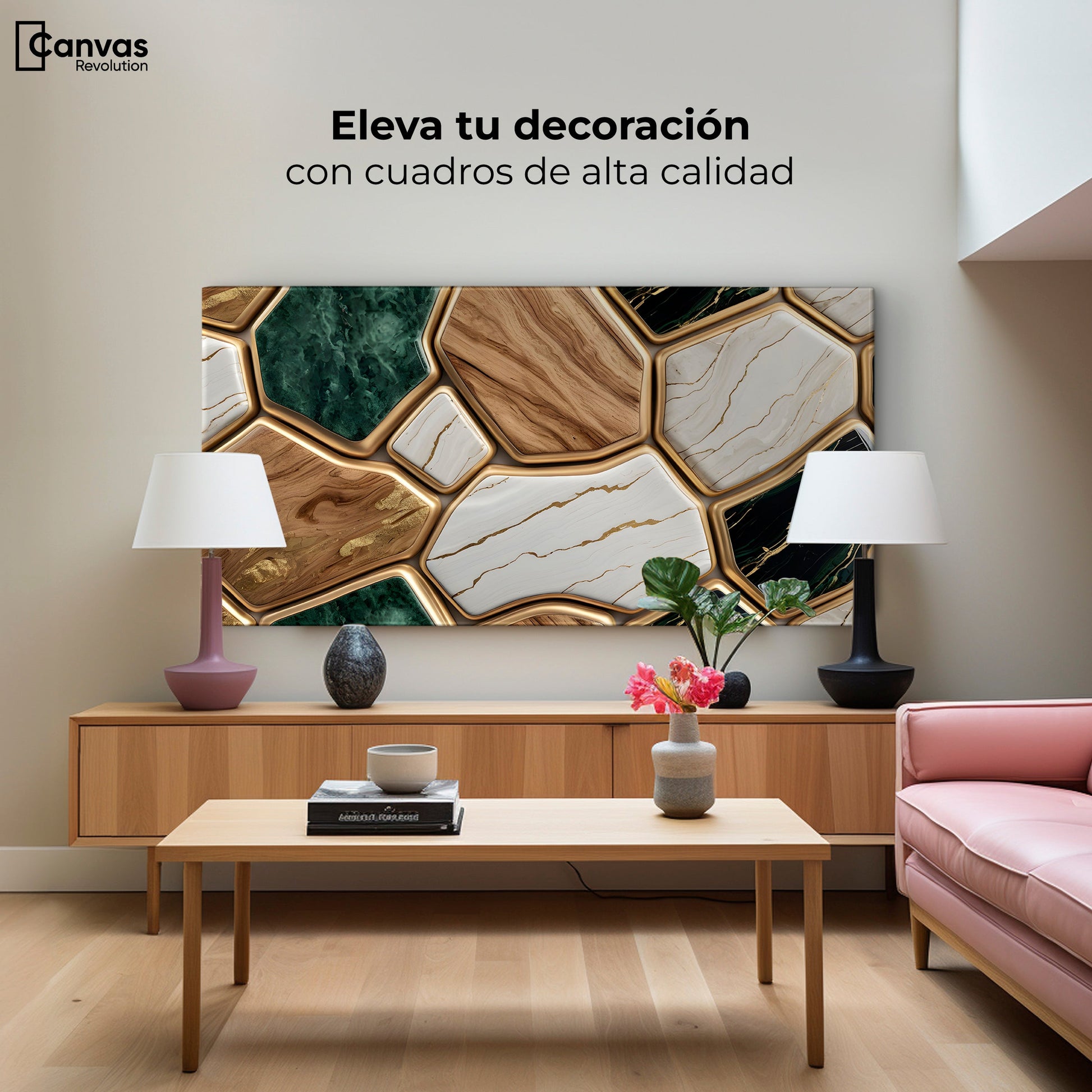 Cuadros Decorativos Canvas Revolution | Eco Hexagonal Aureo | Montaje2