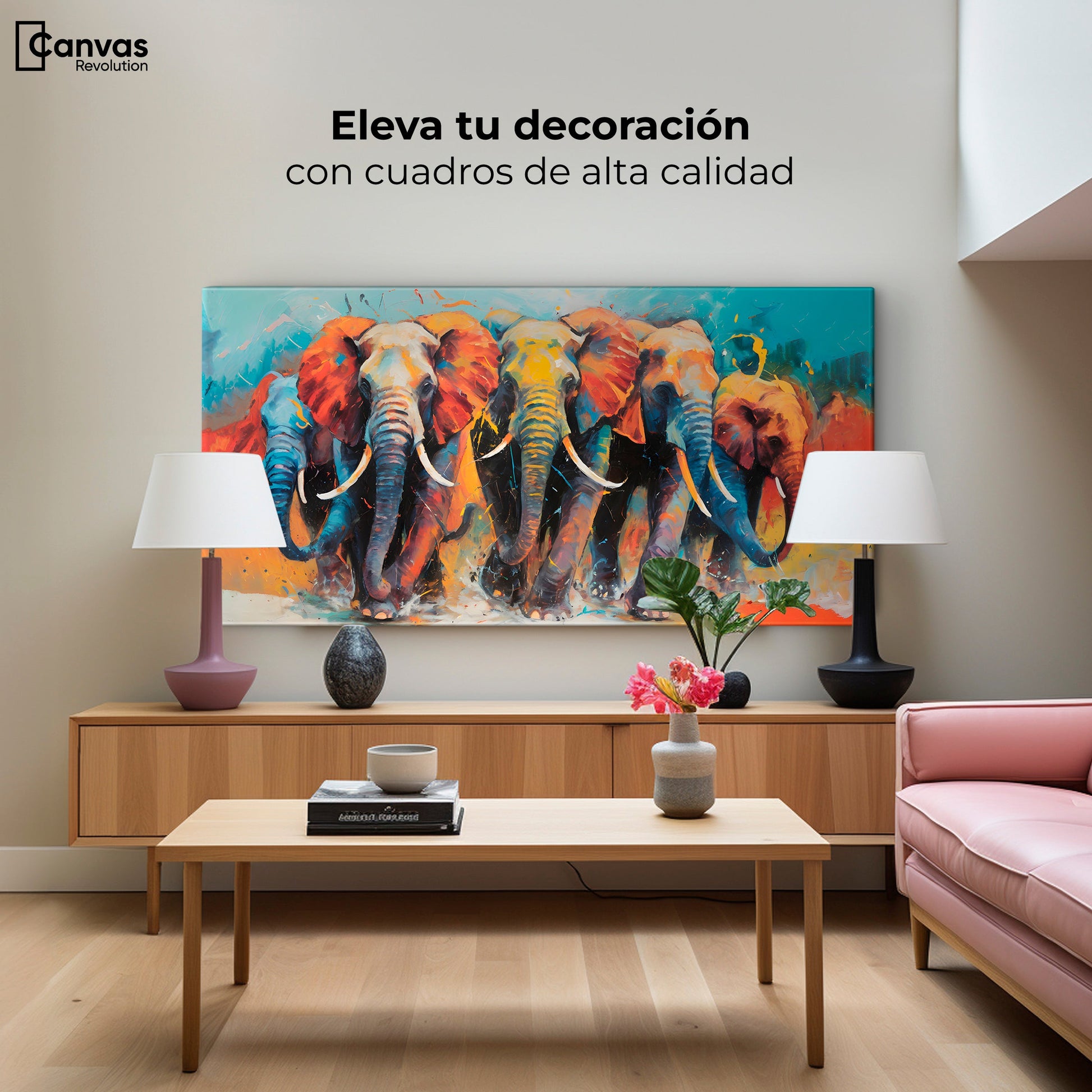 Cuadros Decorativos Canvas Revolution | Elefantes Corriendo | Montaje2