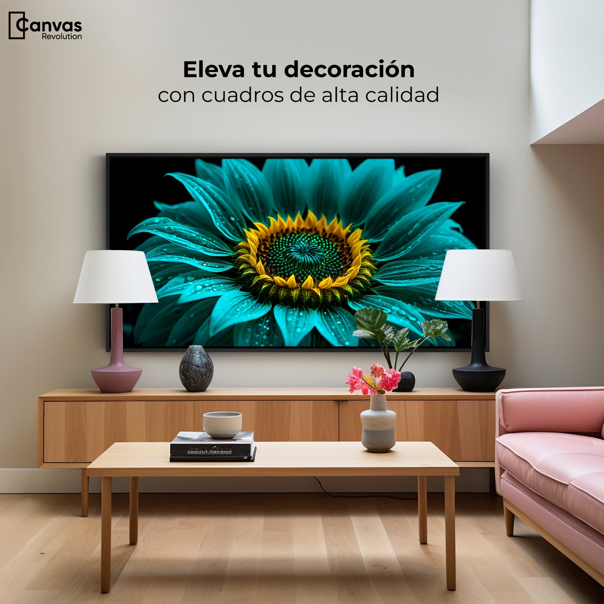 Cuadros Decorativos Canvas Revolution | Girasol Acuamarina | Montaje2