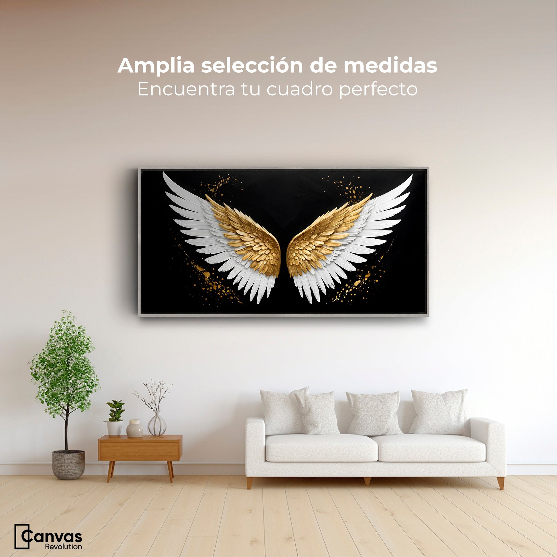 Cuadros Decorativos Canvas Revolution | Alas Oro Negro | Montaje3