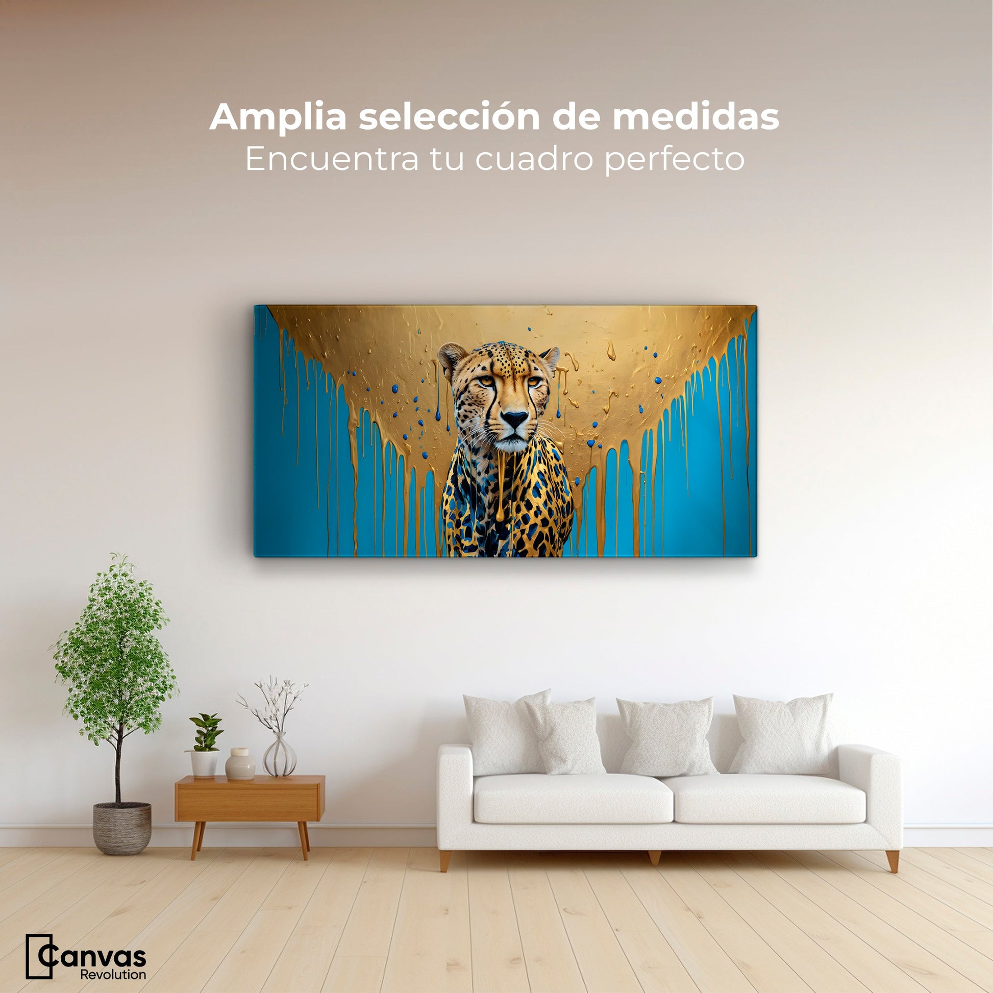 Cuadros Decorativos Canvas Revolution | Fuerza Felina Oro | Montaje3