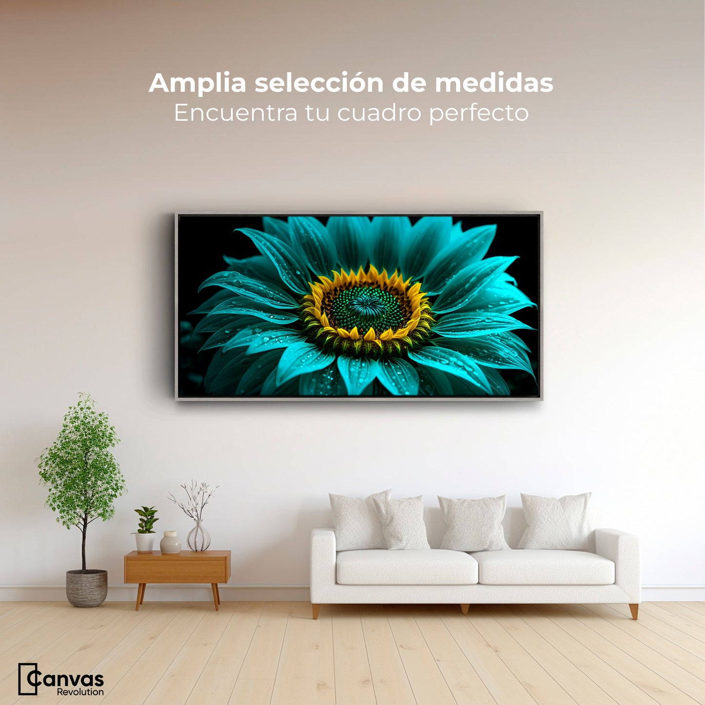 Cuadros Decorativos Canvas Revolution | Girasol Acuamarina | Montaje3