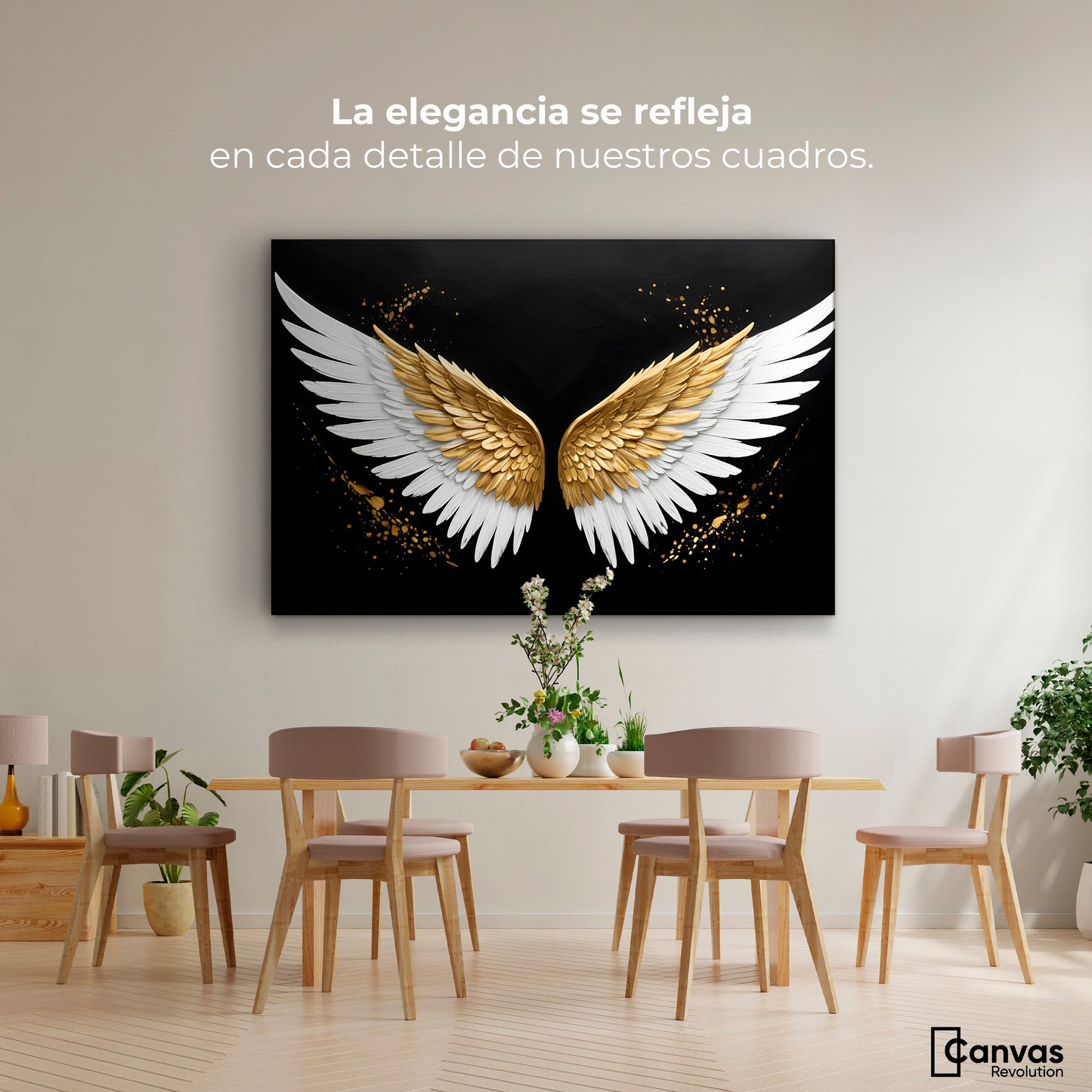 Cuadros Decorativos Canvas Revolution | Alas Oro Negro | Montaje4
