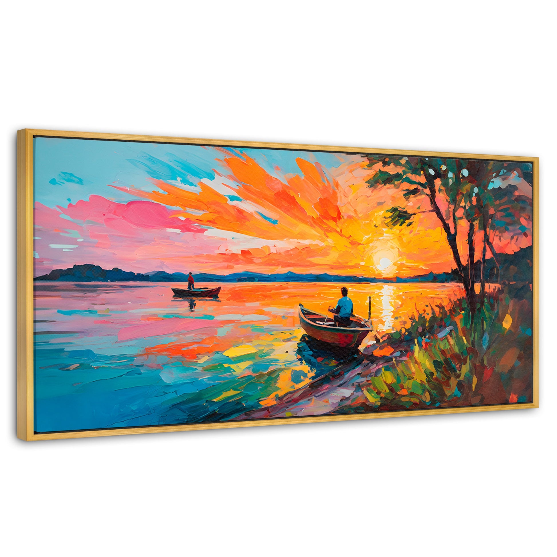 Cuadros Decorativos Canvas Revolution | Atardecer Lago | Panoramico | Portada | Marco Dorado