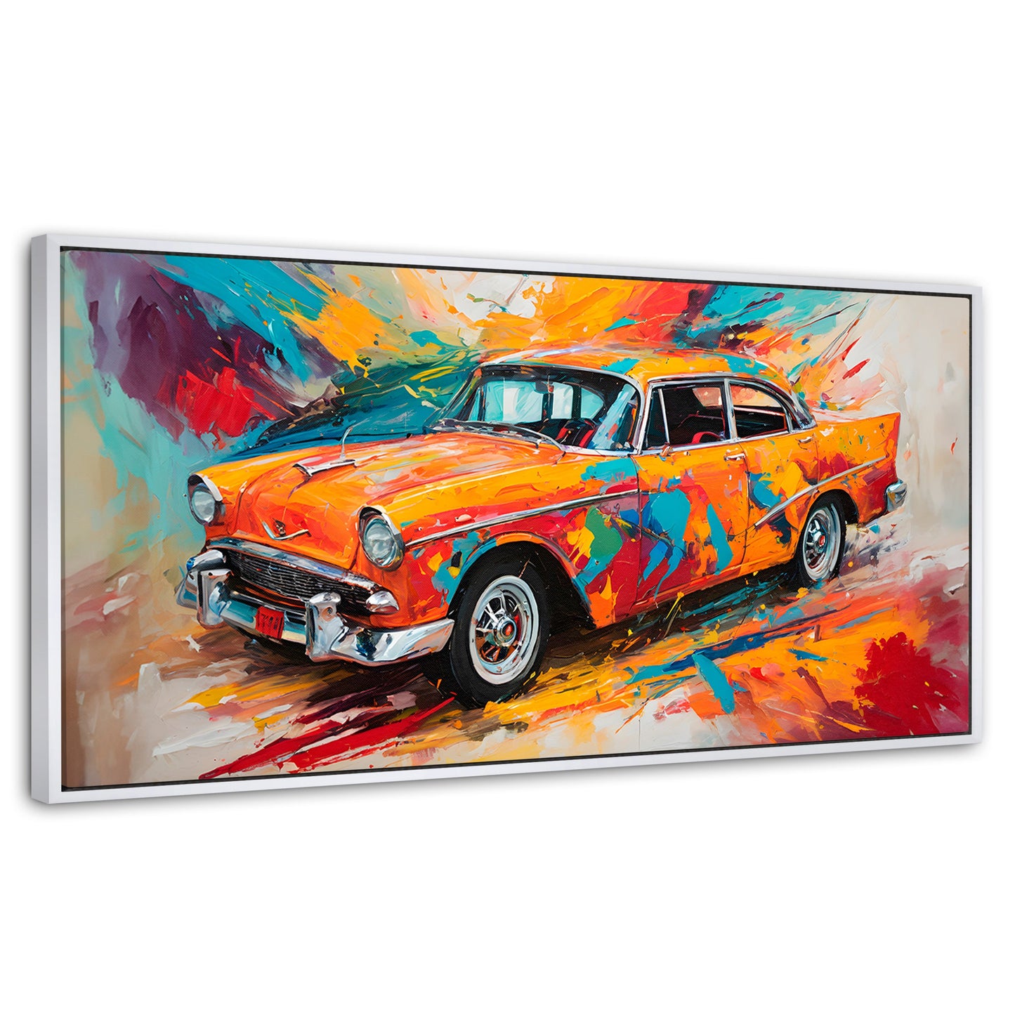 Cuadros Decorativos Canvas Revolution | Auto Retro Colorido | Panoramico | Portada | Marco Blanco
