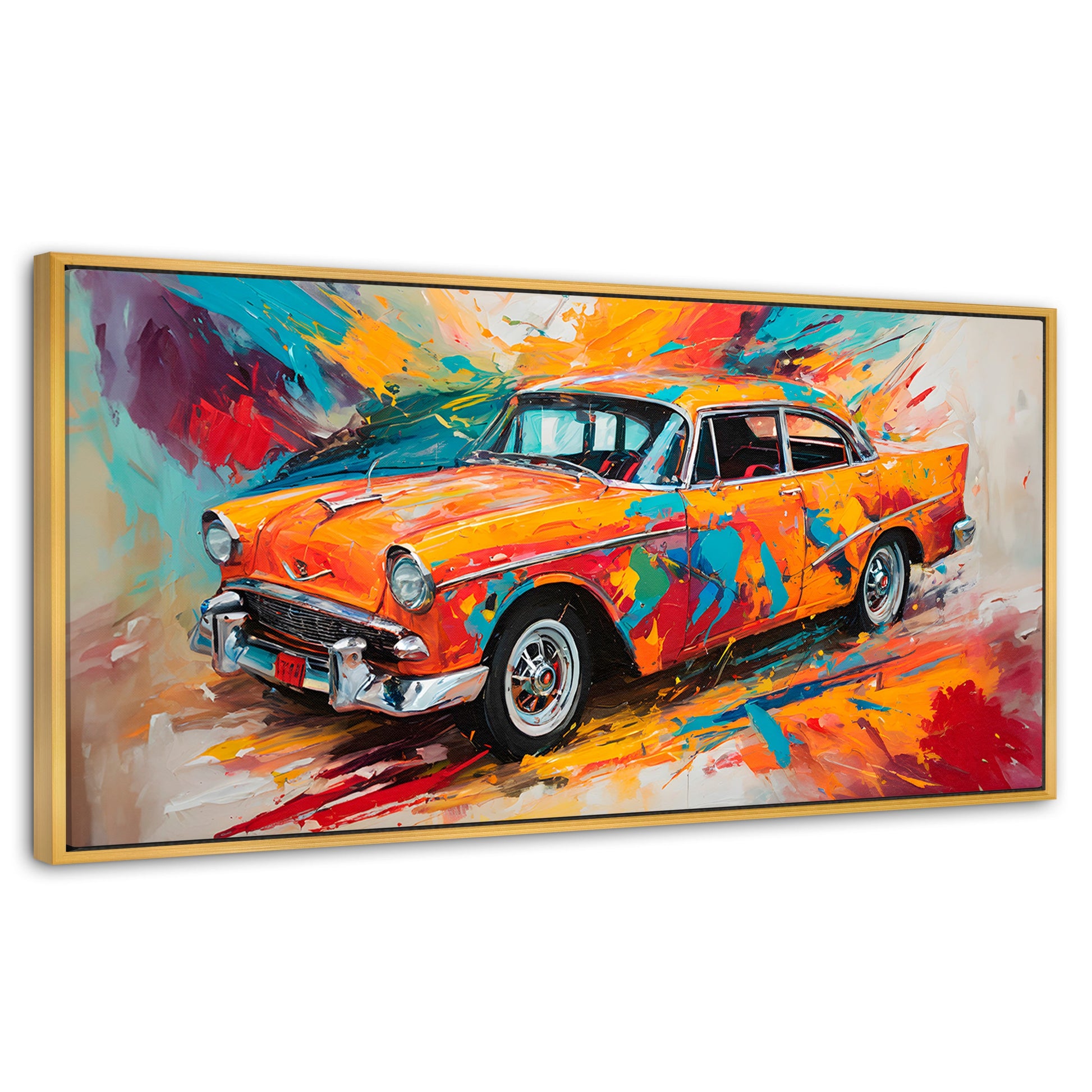 Cuadros Decorativos Canvas Revolution | Auto Retro Colorido | Panoramico | Portada | Marco Dorado