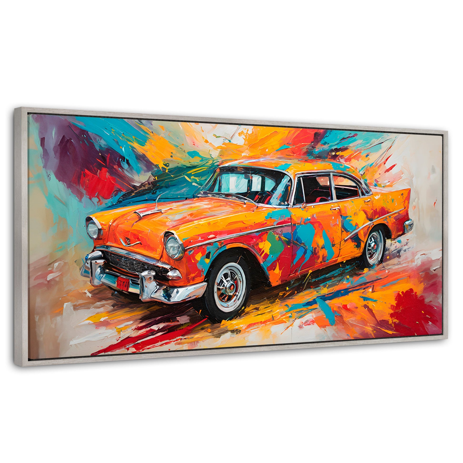 Cuadros Decorativos Canvas Revolution | Auto Retro Colorido | Panoramico | Portada | Marco Plateado