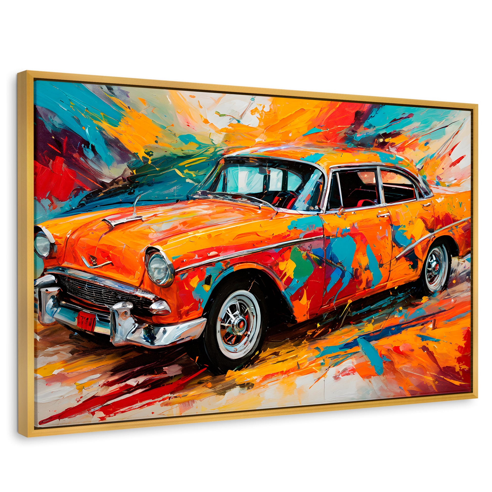 Cuadros Decorativos Canvas Revolution | Auto Retro Colorido | Rectangular | Portada | Marco Dorado